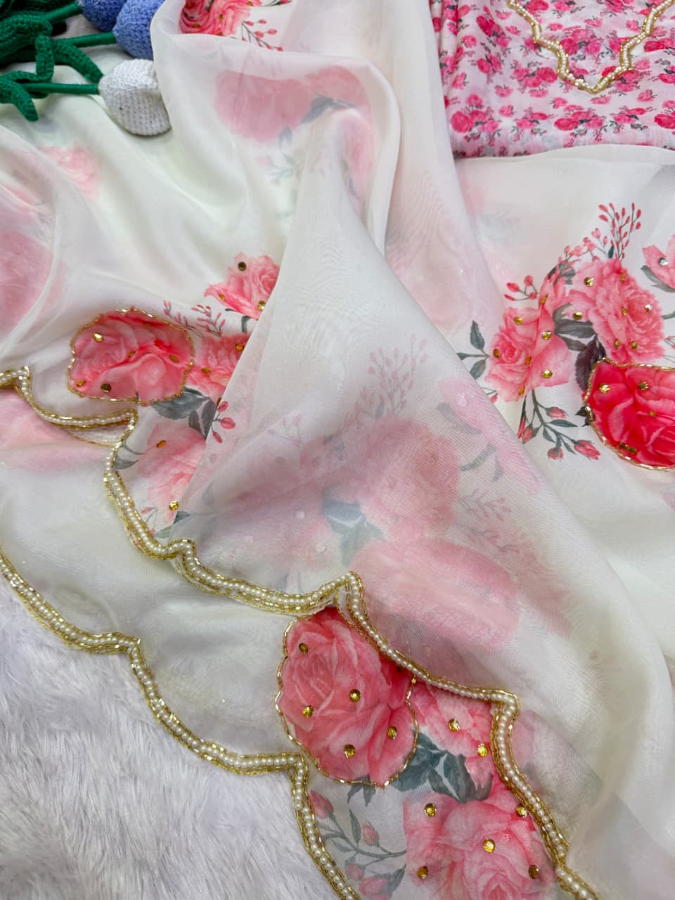 Soft Tebby Silk with Floral Print & Cutdana Handwork