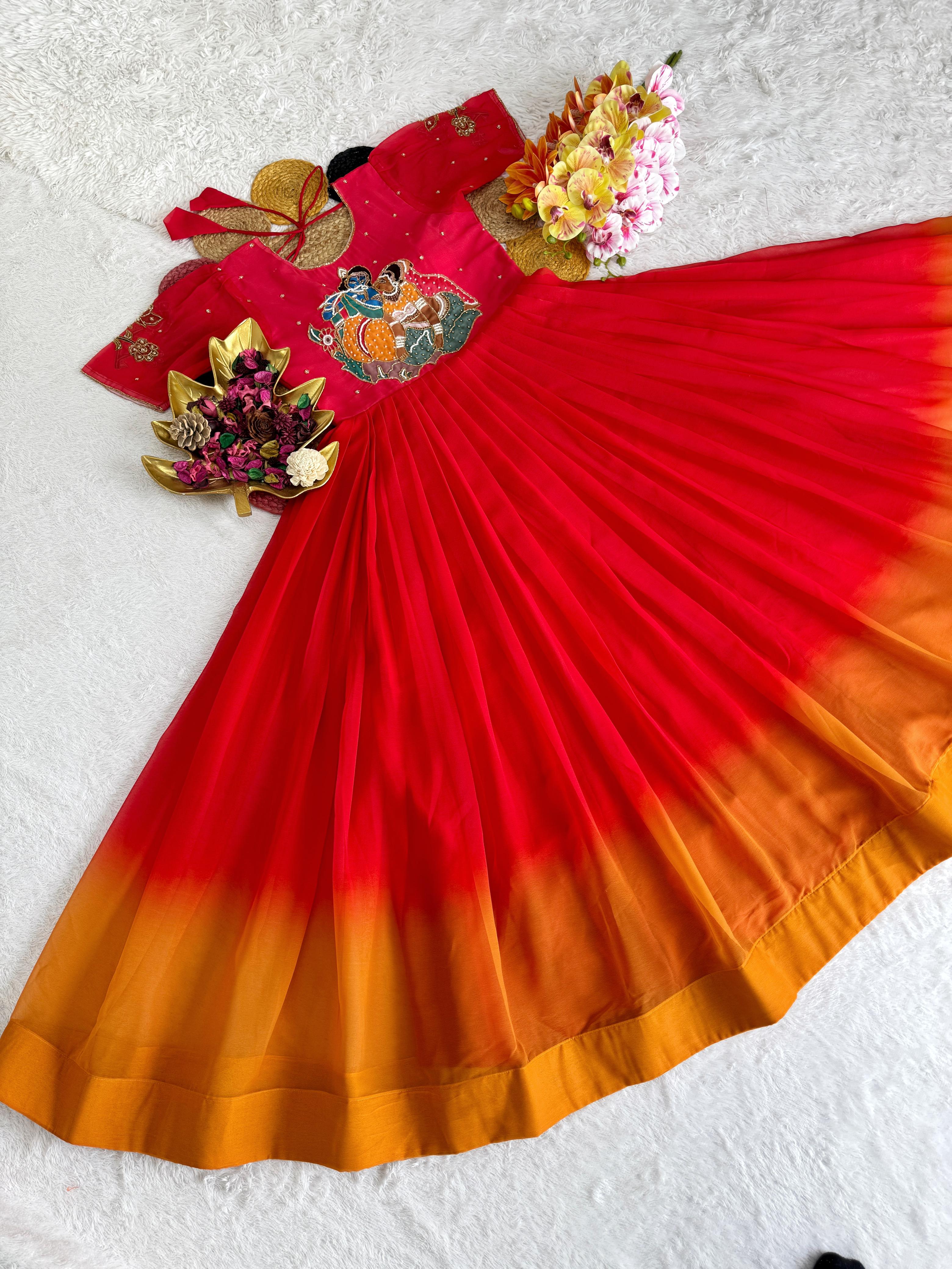 Beautiful Festive Special Radha Krishna Maggam Work Gown