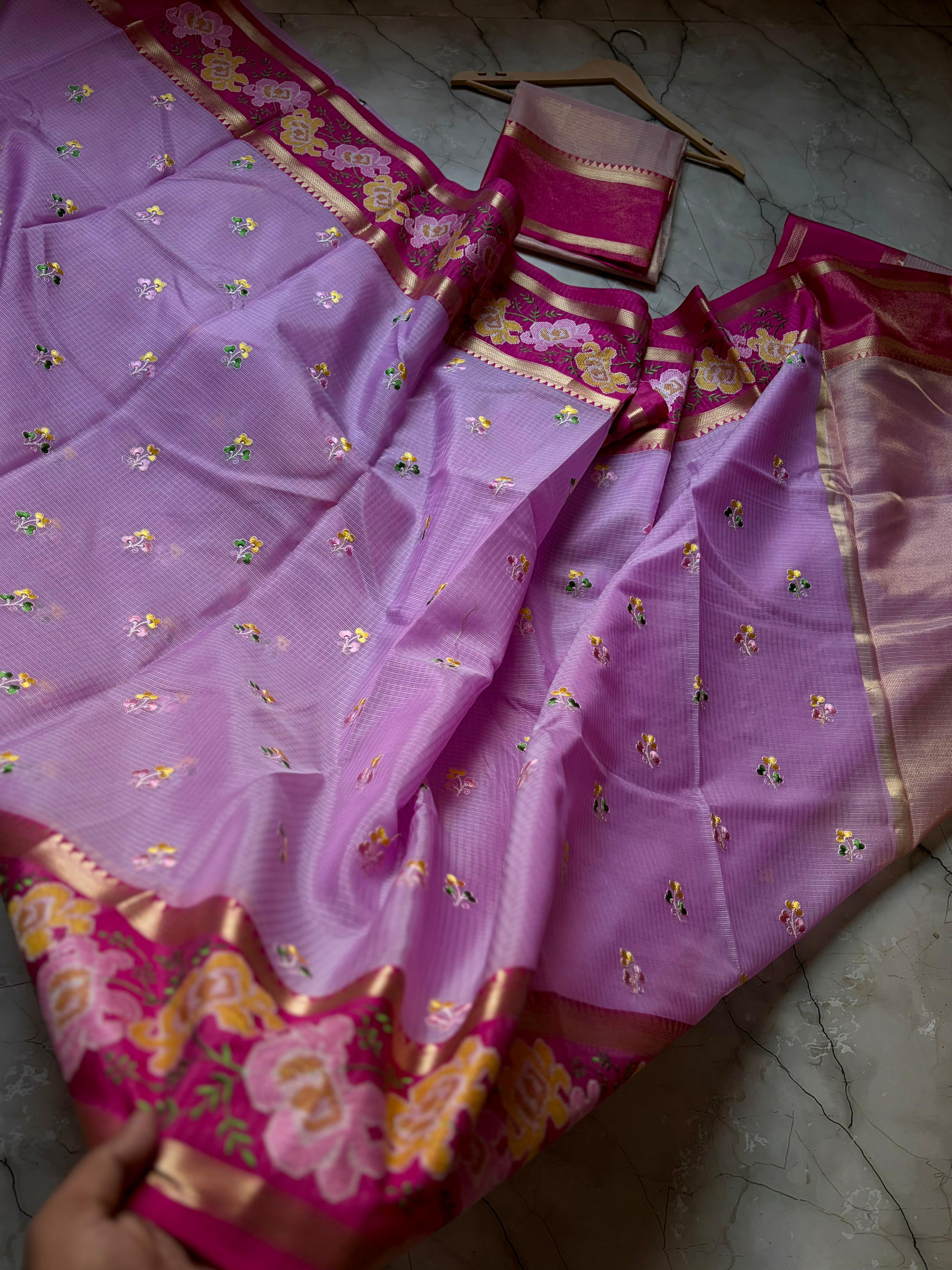 Banarasi Embroidery Pink Border Designer Kota Checks Sarees