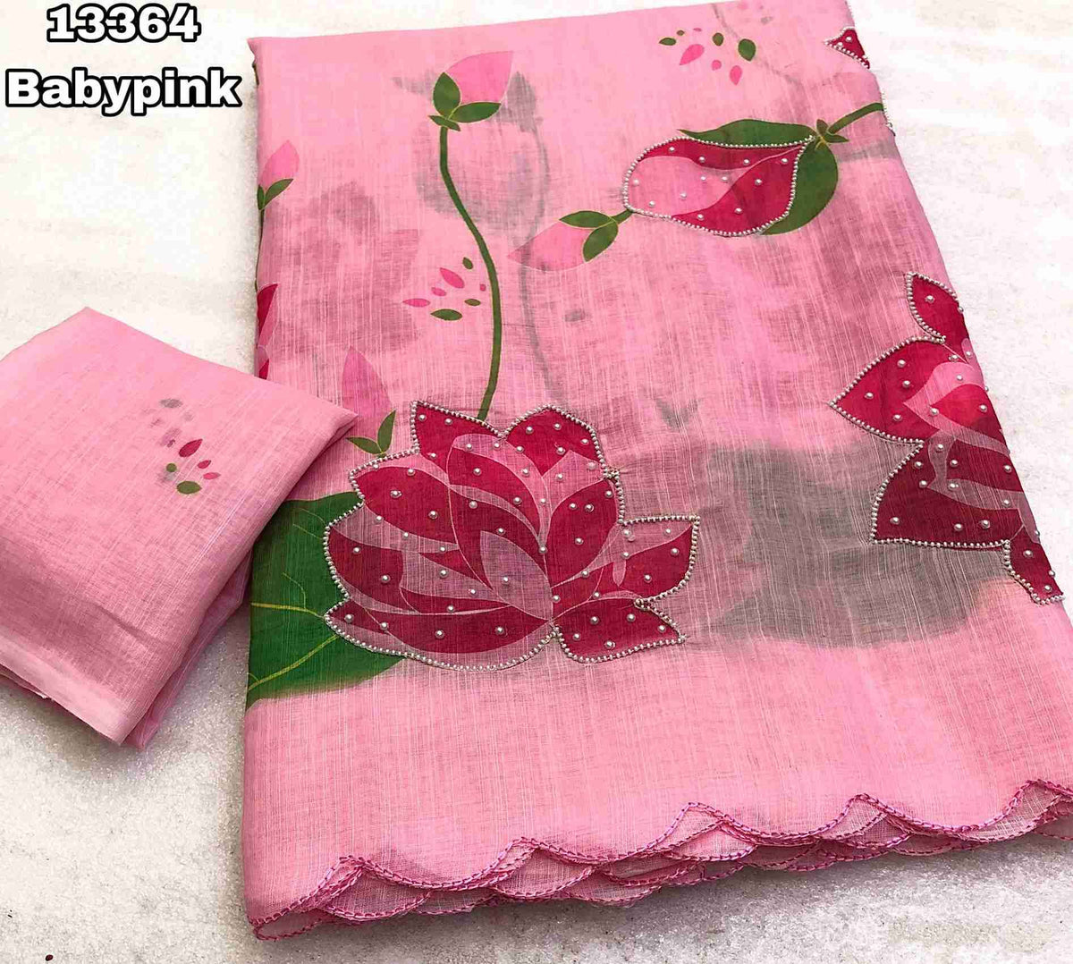 Soft Linen Lotus Design Digital Print Saree With Hand Moti Work Outing With Embroidery Scalloped Cutwork Border