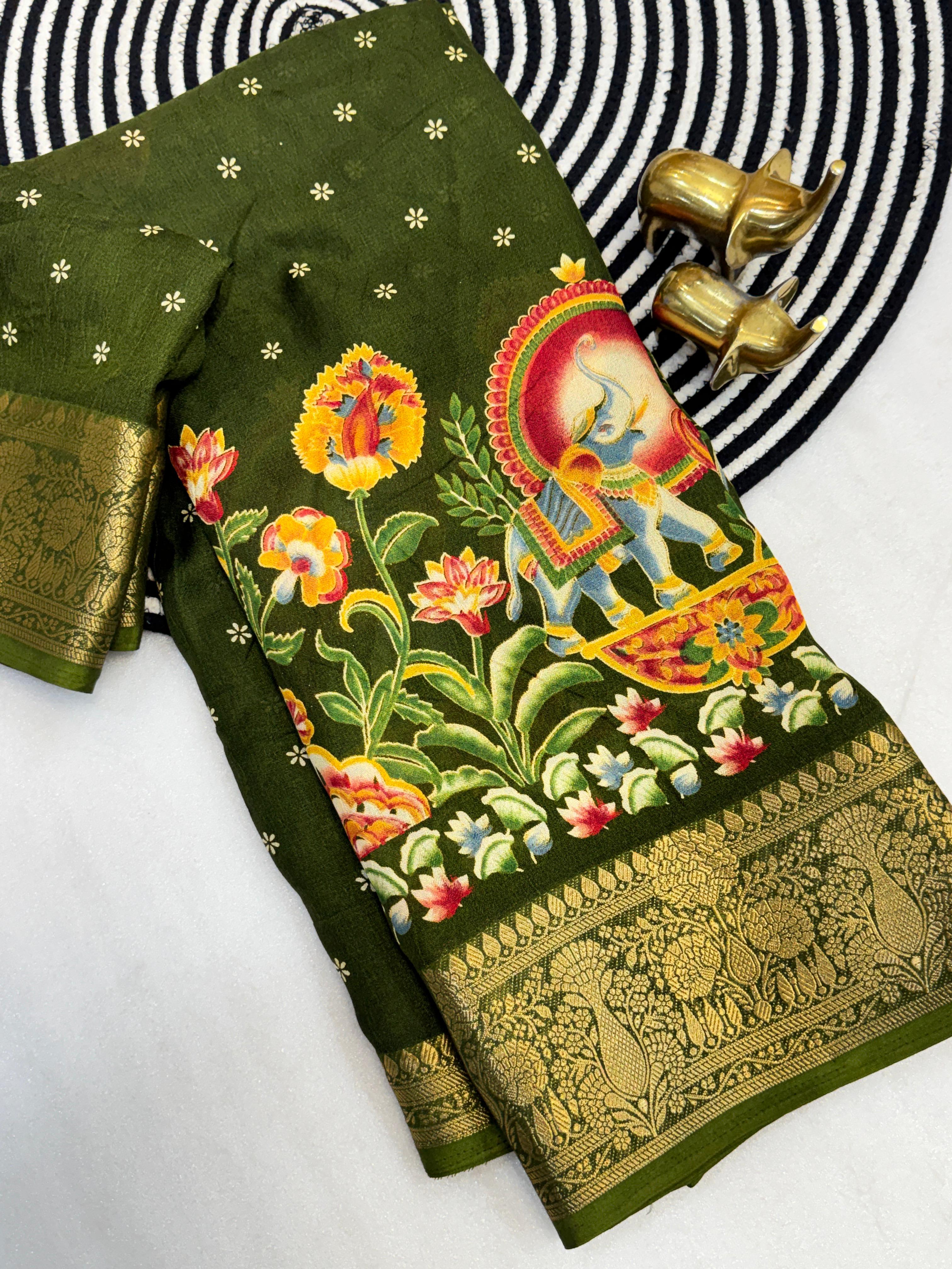 MASSMELLO SELF JEQURED SAREE HEAVY JEQ BORDER KALMKARI PRINT SAREE 