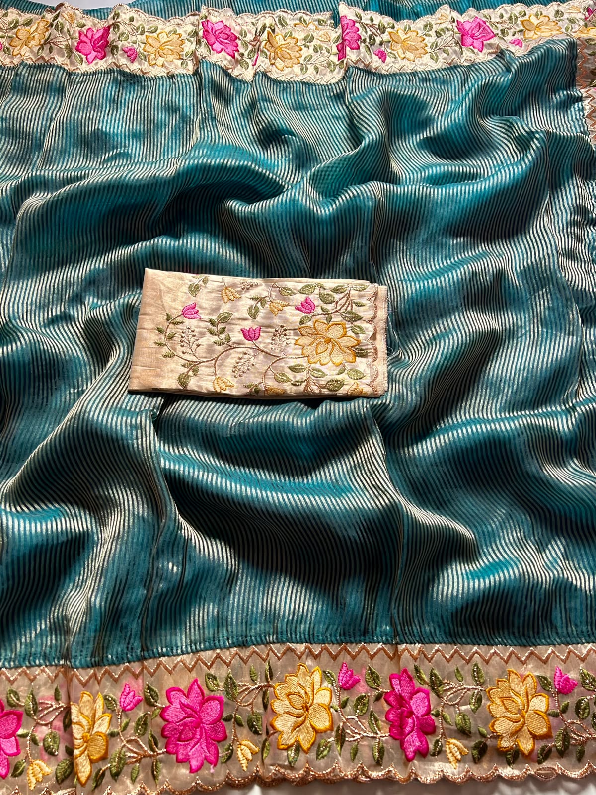 Pure Tissue Organza Silk Stripe Sarees designd with embroidery work blouse
