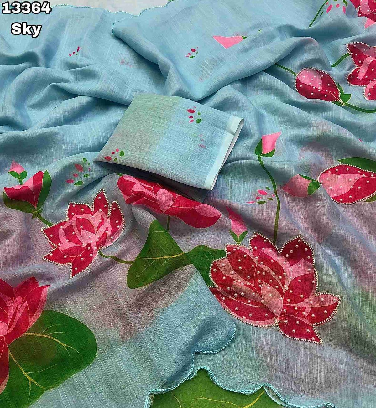 Soft Linen Lotus Design Digital Print Saree With Hand Moti Work Outing With Embroidery Scalloped Cutwork Border