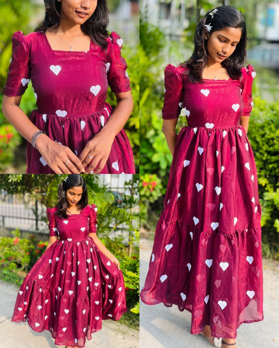 Exclusive Heart Embroidery Trishade Shining Fendy Silk Gown