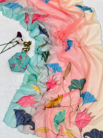 Chiffon Floral Digital Print with Beautiful Handwork and Arco Lace Border