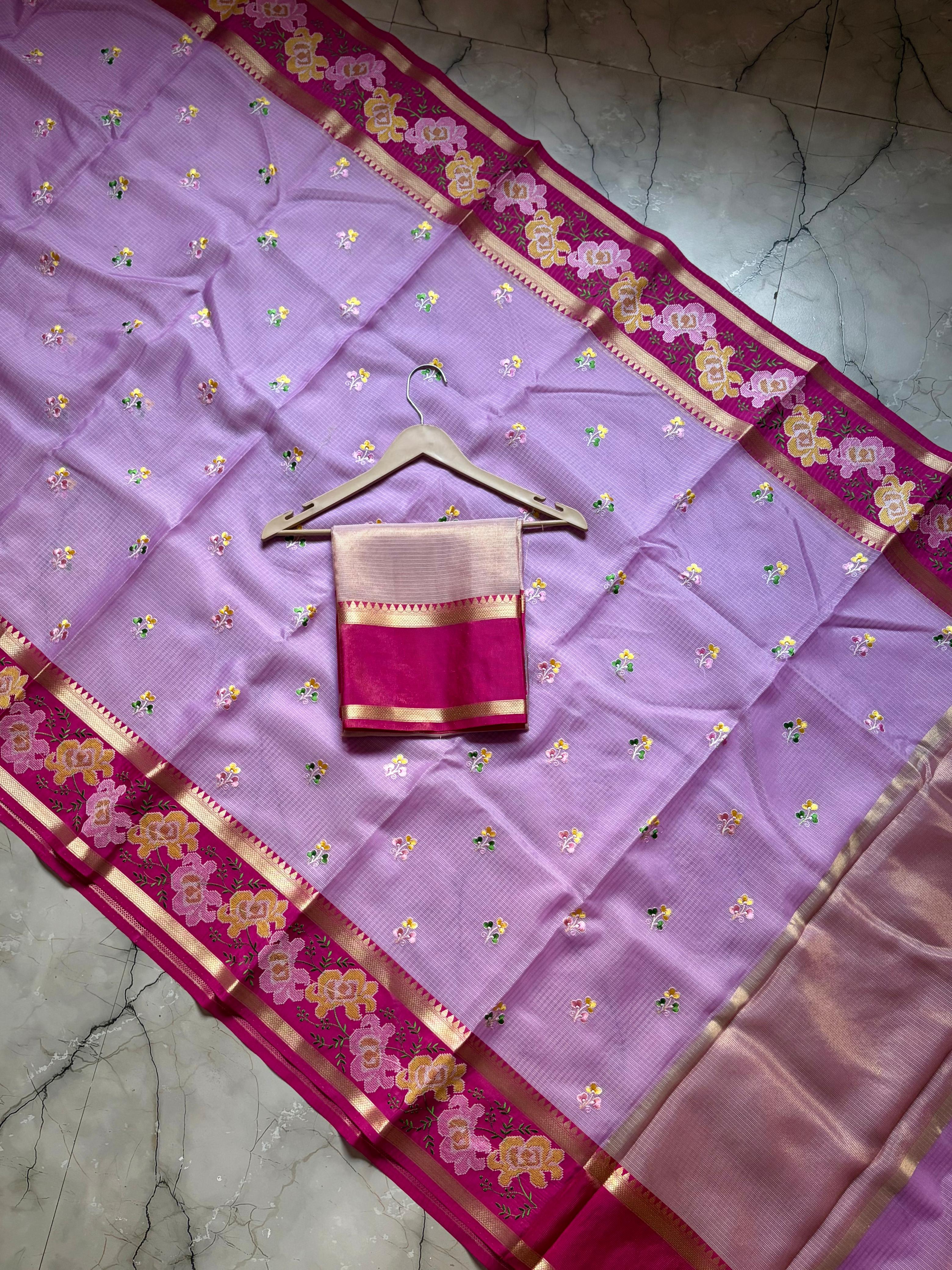 Banarasi Embroidery Pink Border Designer Kota Checks Sarees