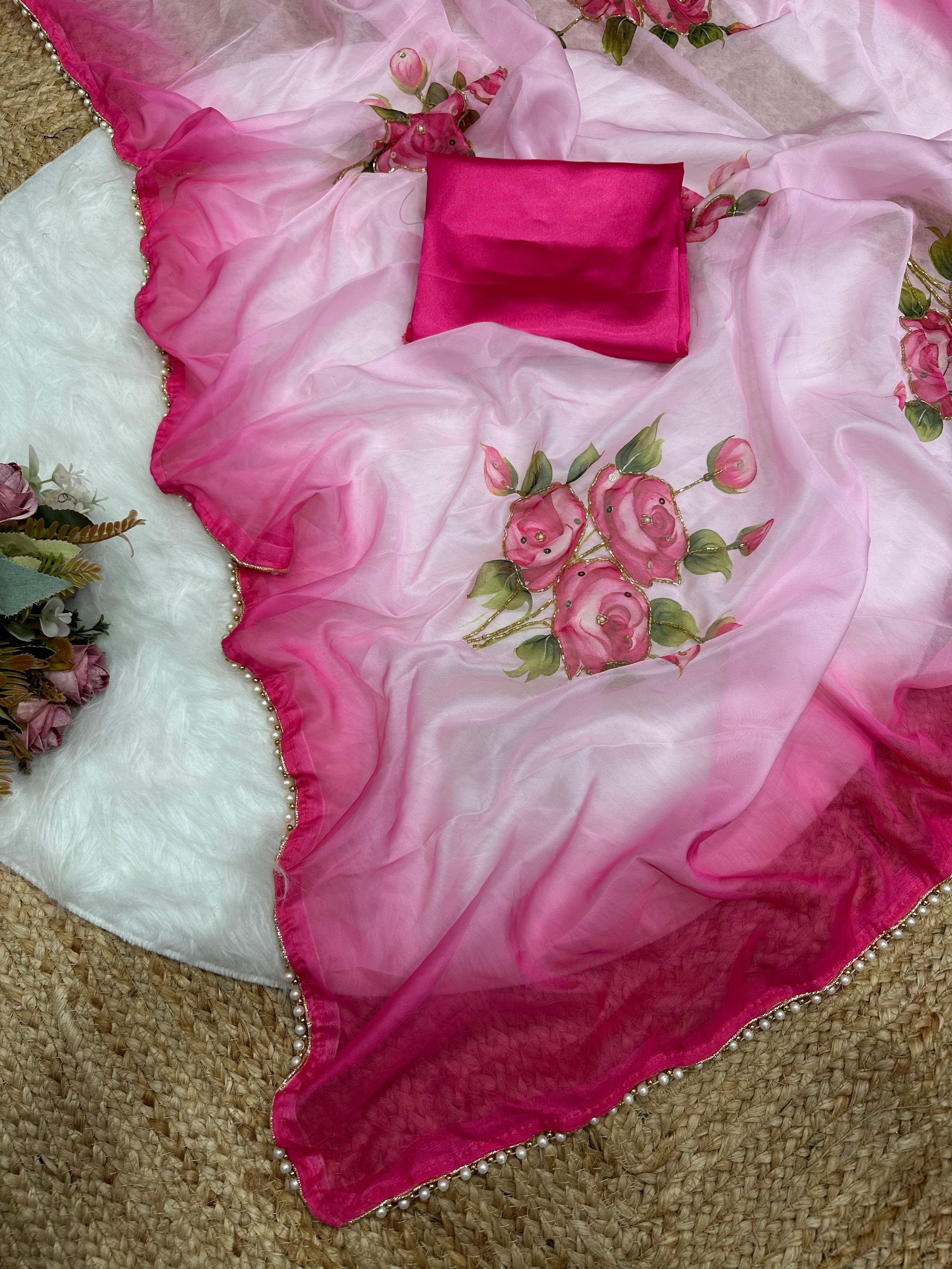 Tebby Silk Half Half Concept Saree with Designer Handwork and Moti Lace Border