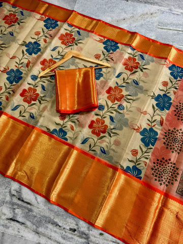 Premium Soft Banarasi Floral Hand Painted Style Saree