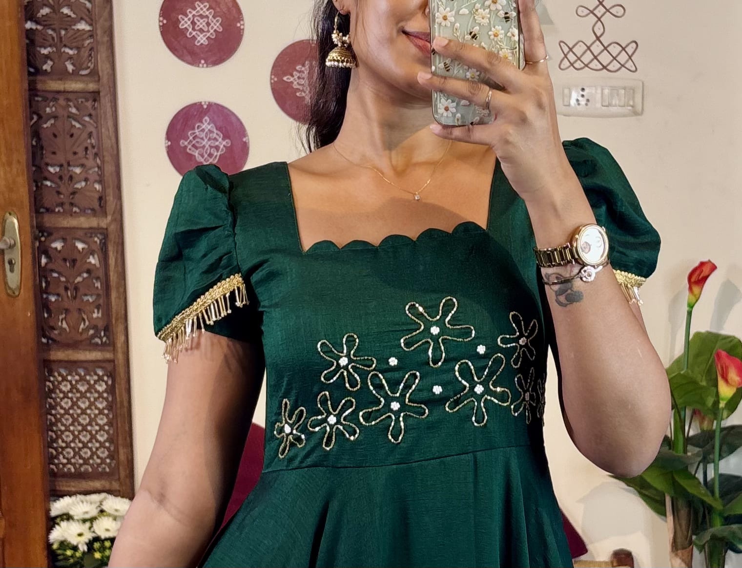 Upto 3XL- Vichitra Blooming Floor length Gown handwork in wrist and scallop neck double sleeves with hanging lace