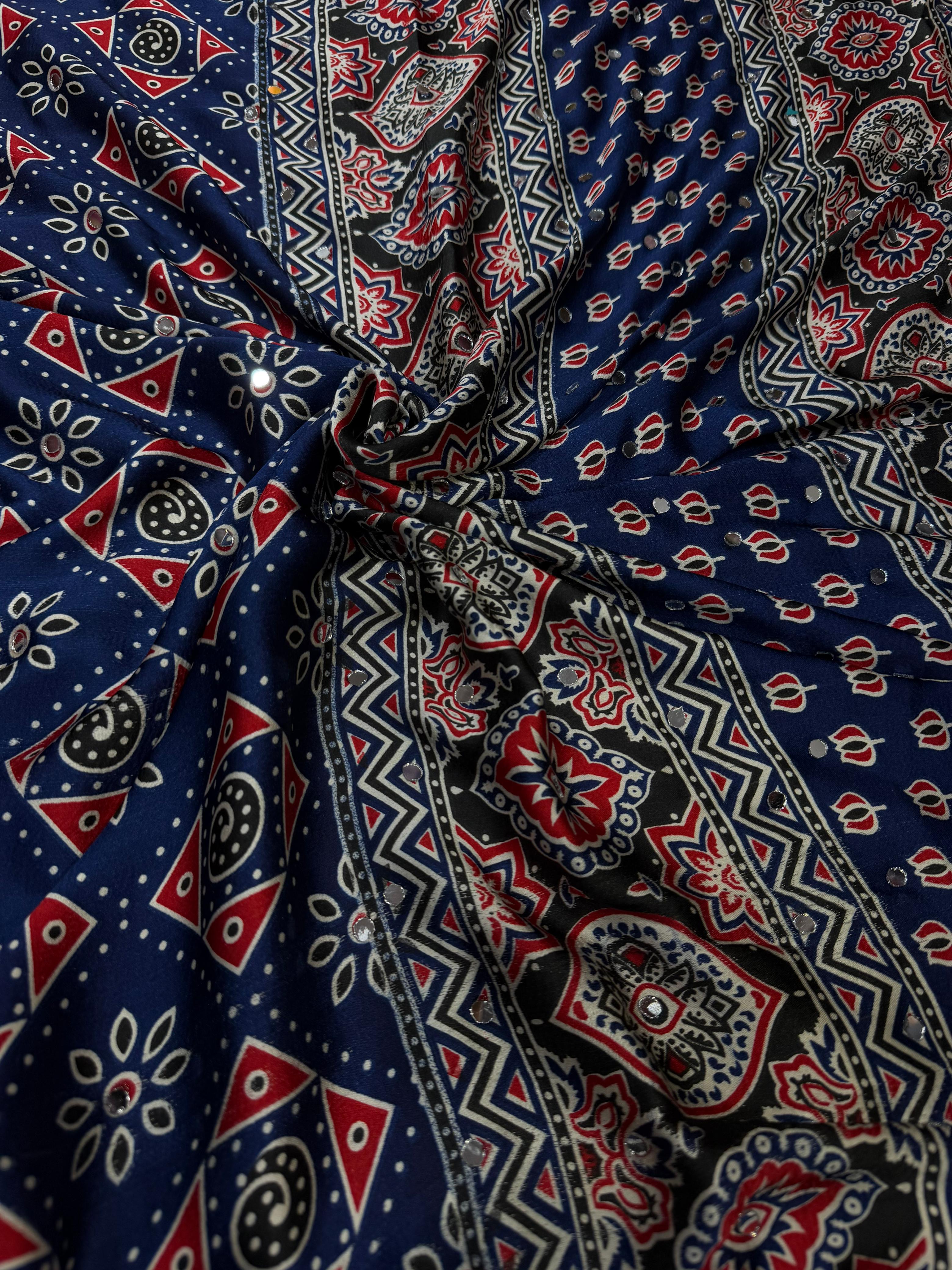Beautiful Ajarakh Saree with Real mirror work and beautiful tussle