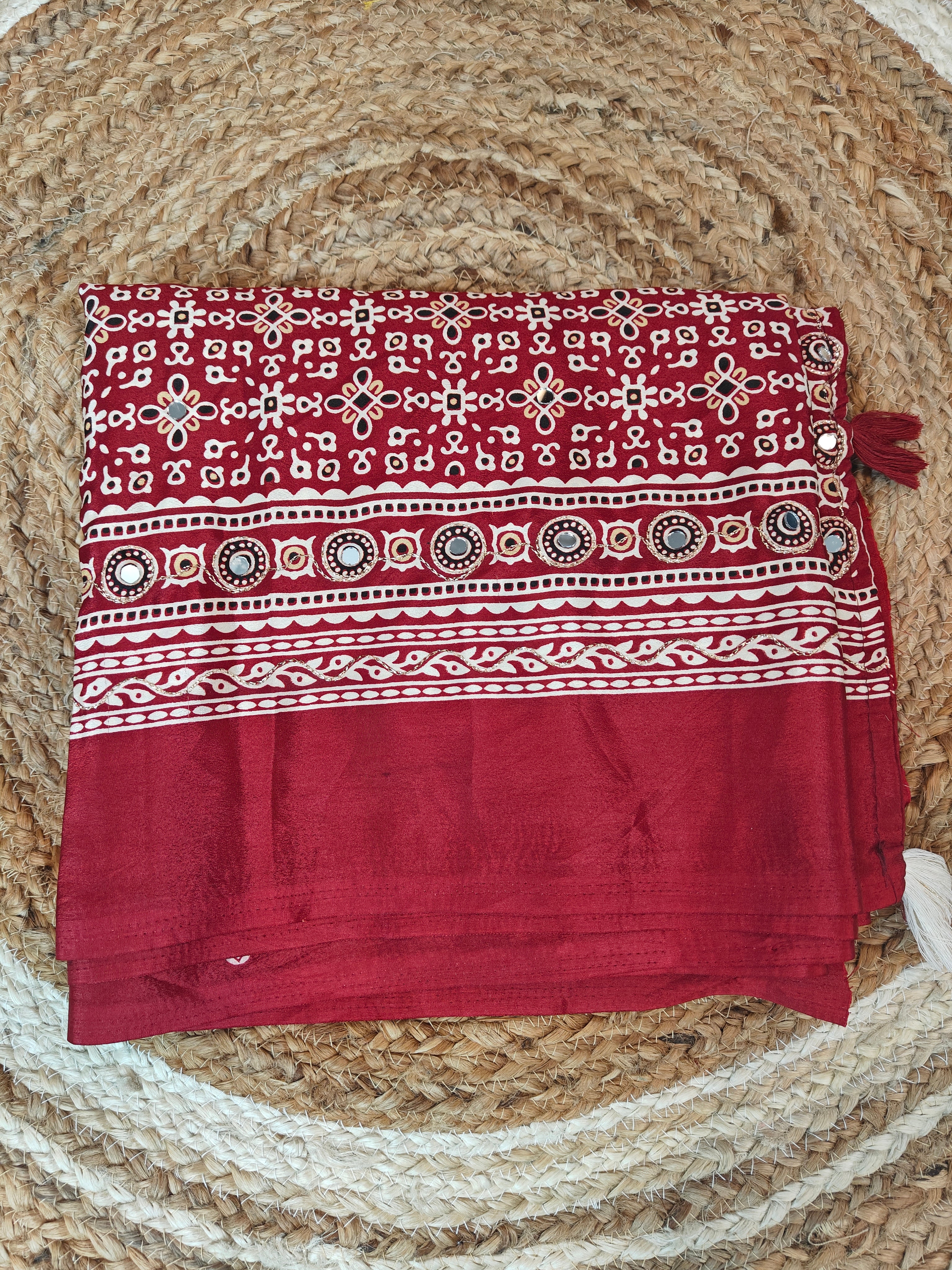 Premium Ajrakh Sarees with Mirror Work
