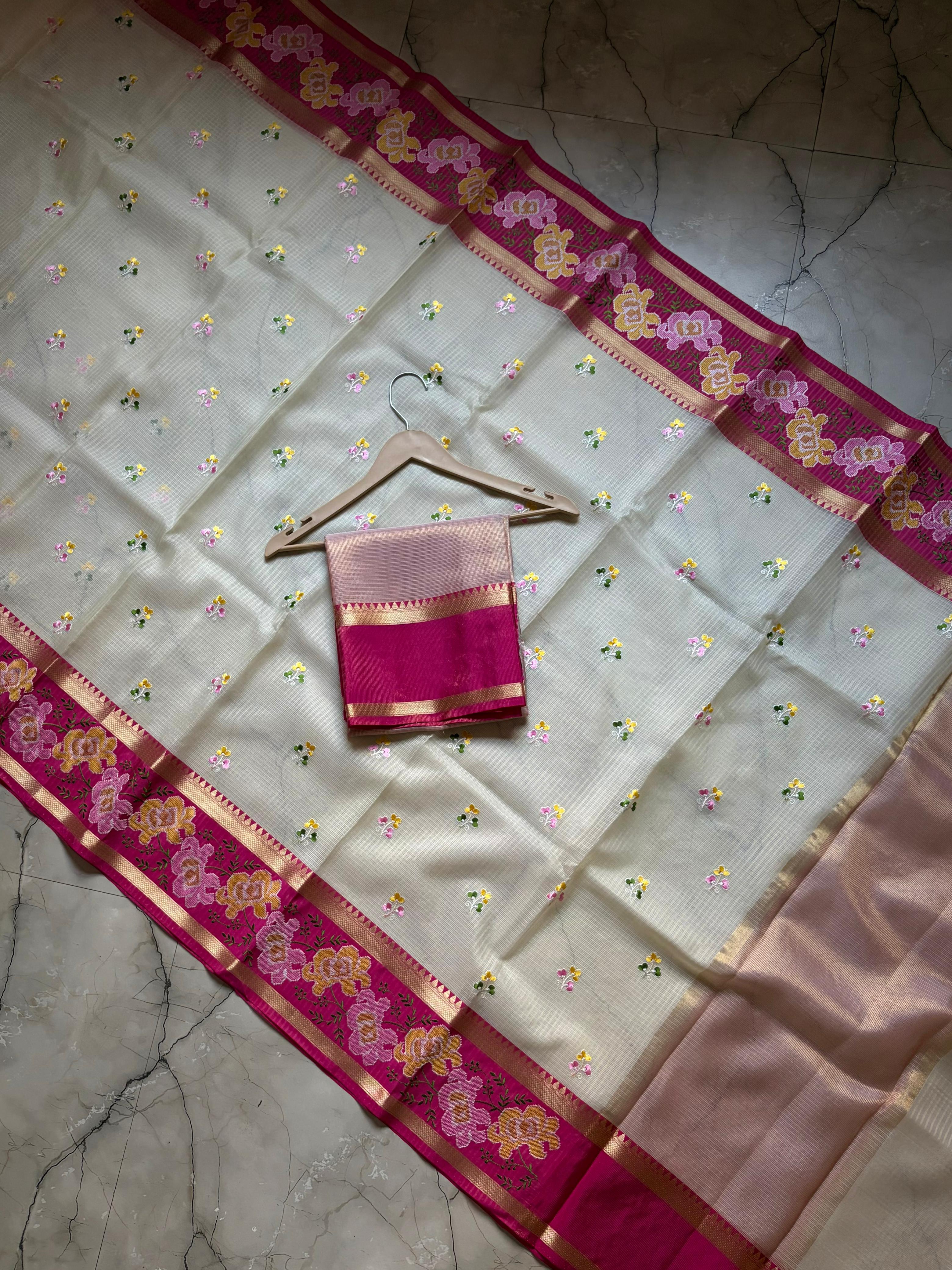 Banarasi Embroidery Pink Border Designer Kota Checks Sarees