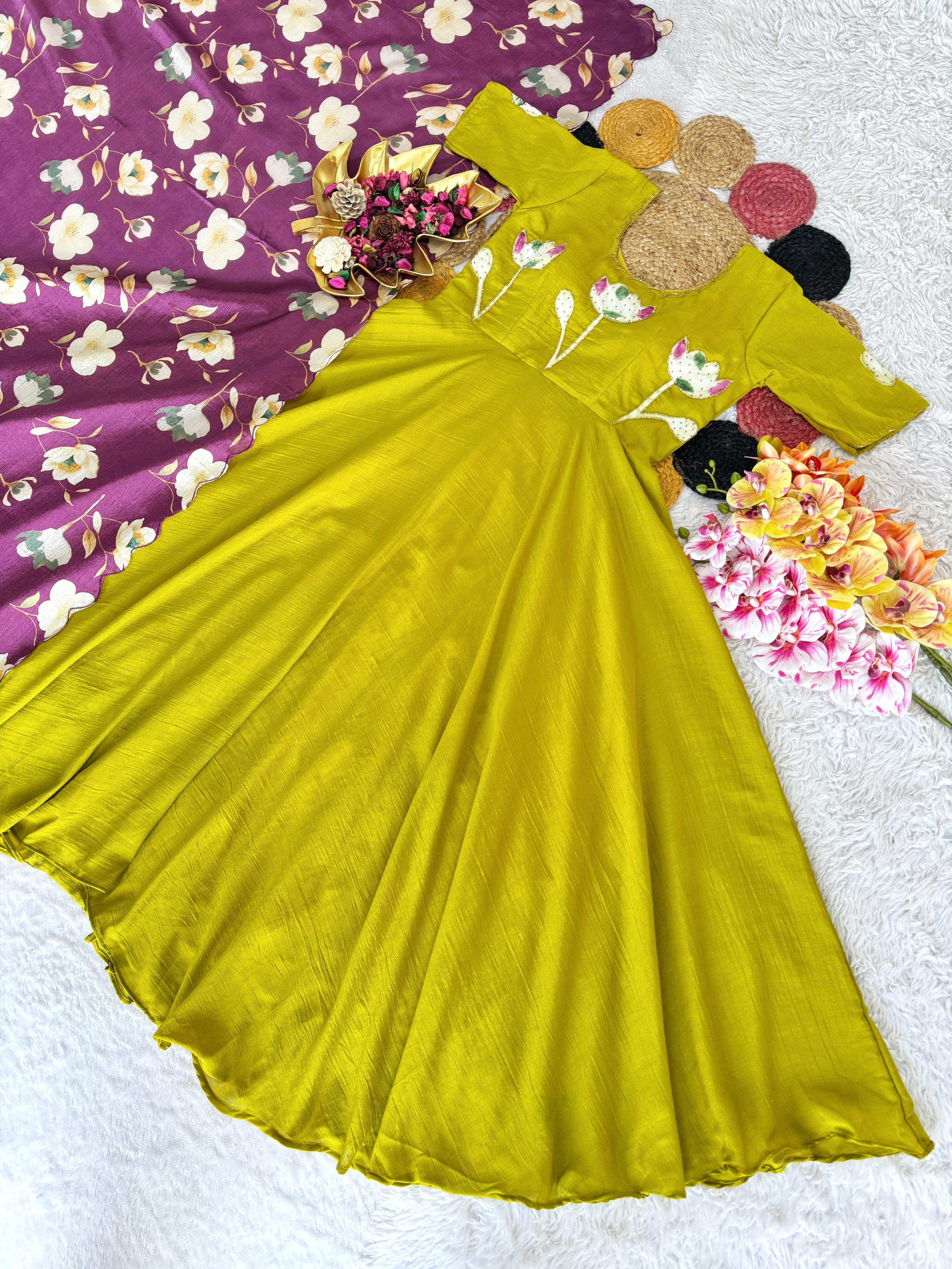Premium Hand Painted Maggam Work Gown with Dupatta