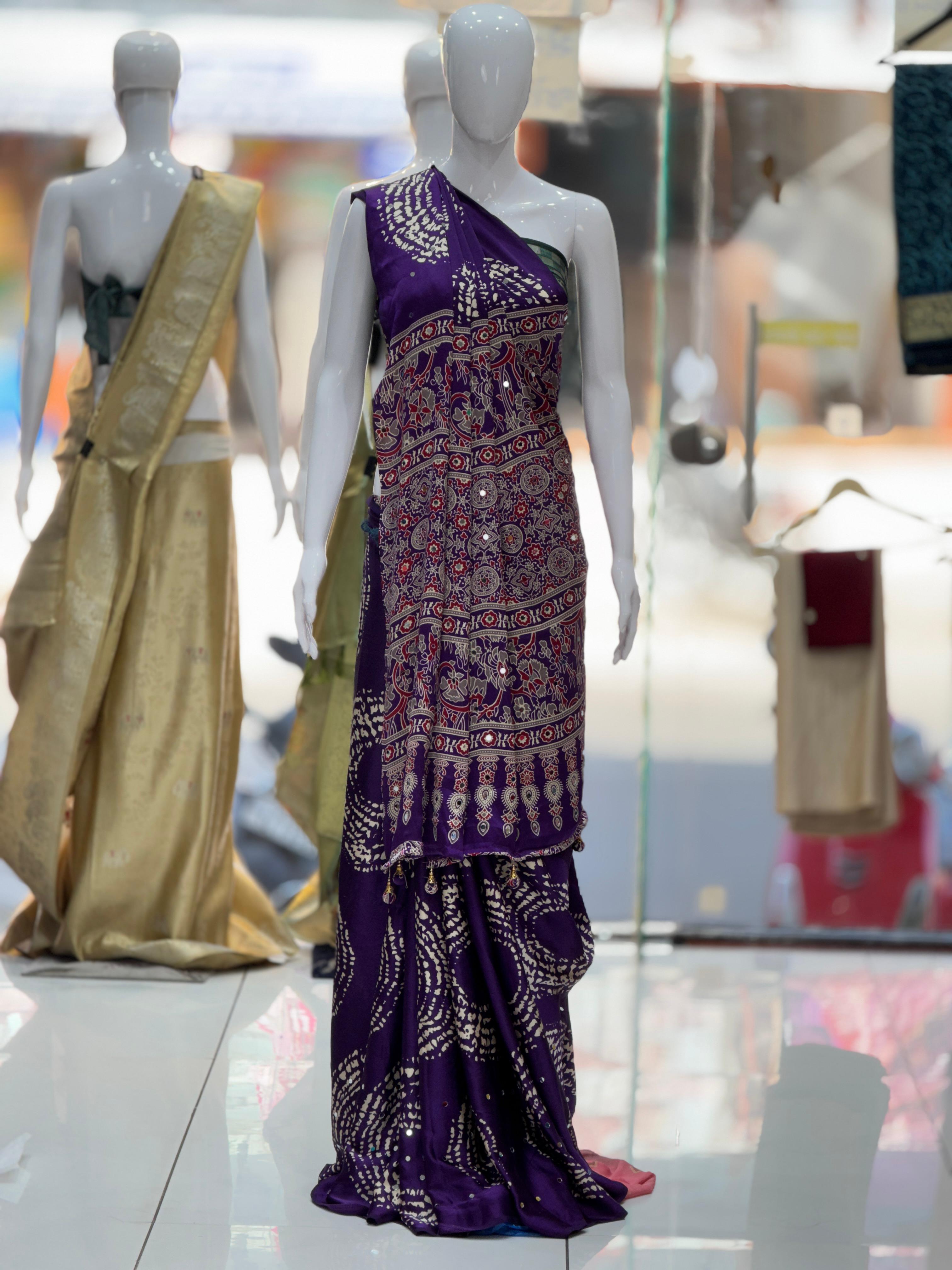 Ajrakh real mirror work sarees