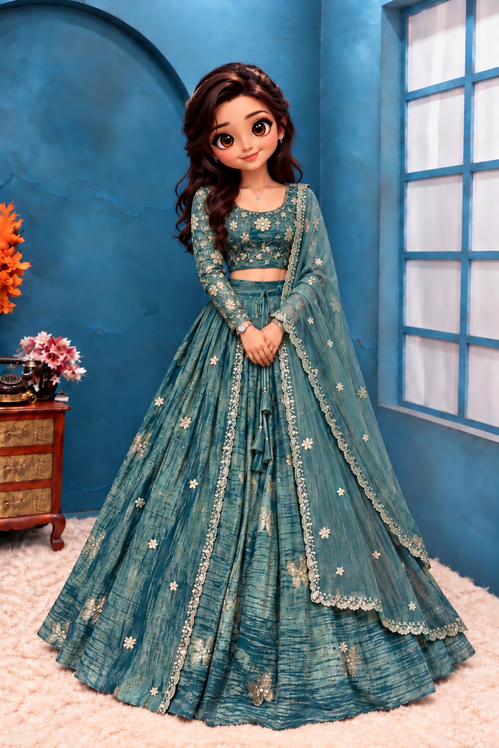 Premium Salsa Silk Fully Stitched Lehenga Set with Elegant Butterfly Maggam Embroidery