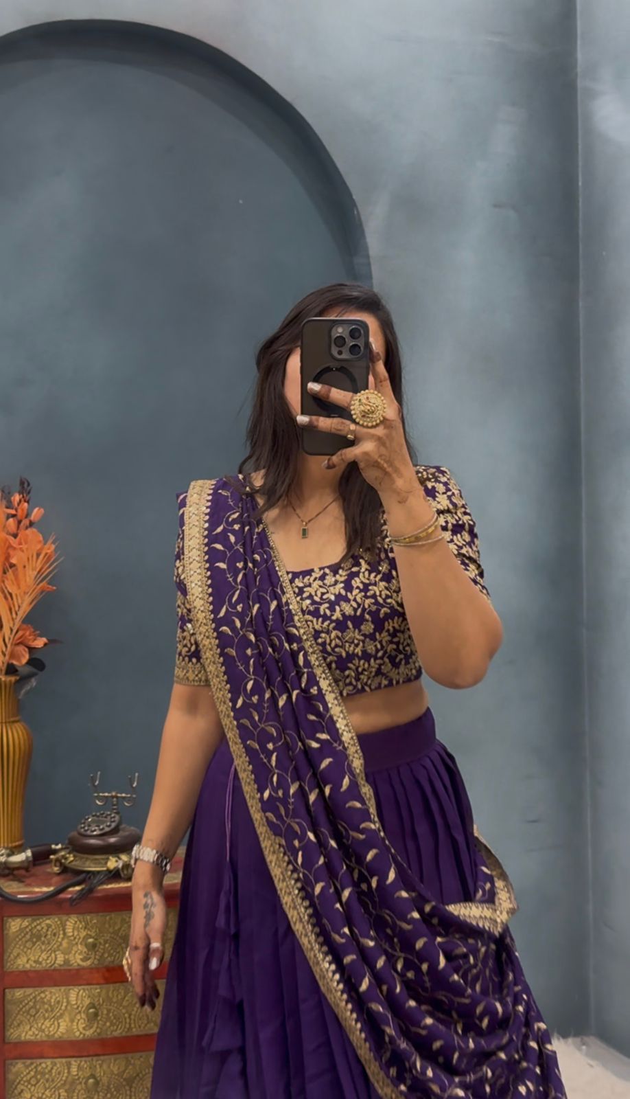Premium Vichitra Silk with Maggam Work and Fully Stitched Lehangas