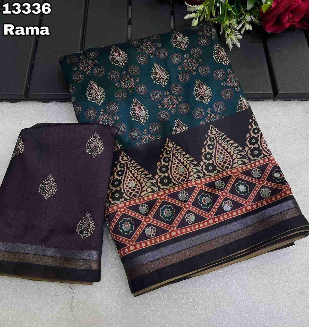 Soft & Smooth Silk Crape Ajrakh Design Digital Print With Original Mirror Work & Zari Weaving Borde