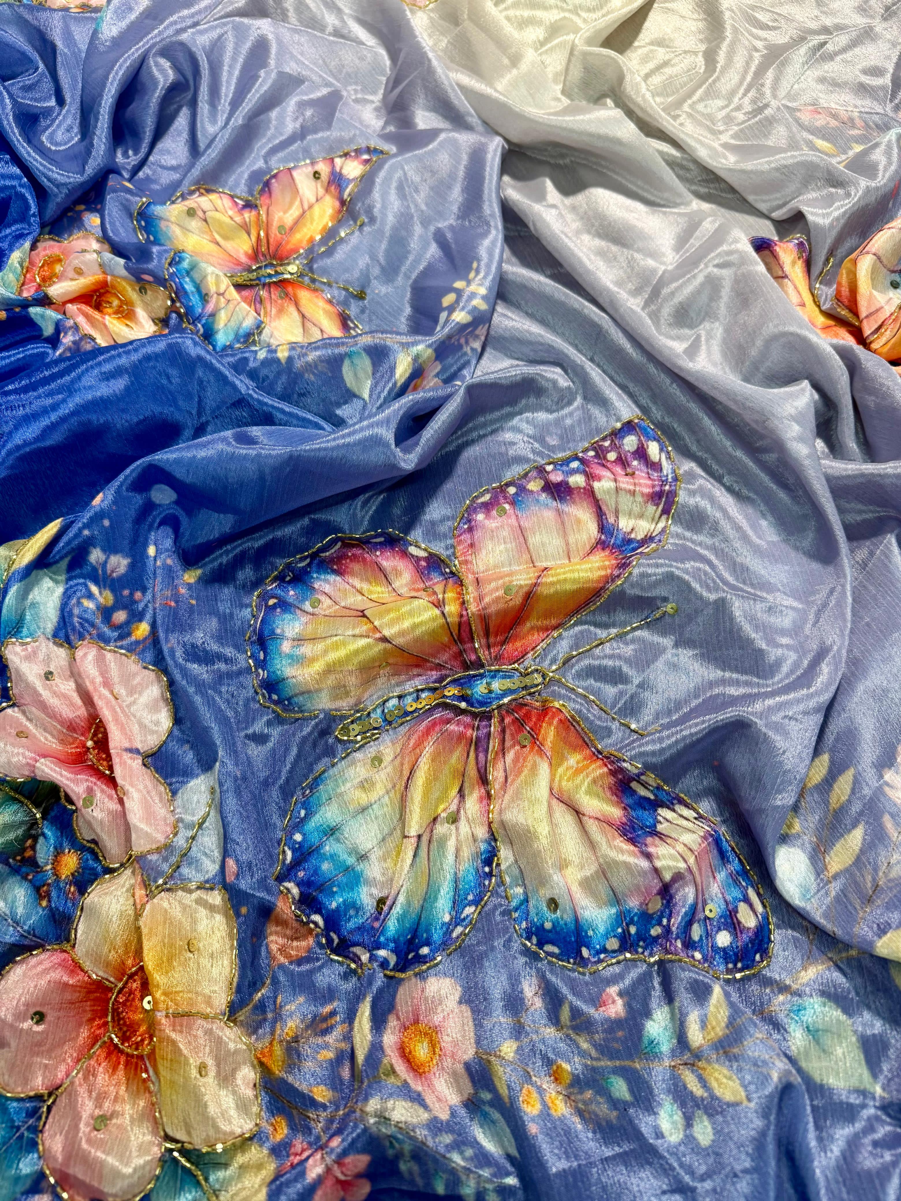 Soft Georgette Malai Silk with Beautiful Floral & Butterfly Design with Cutdana Work