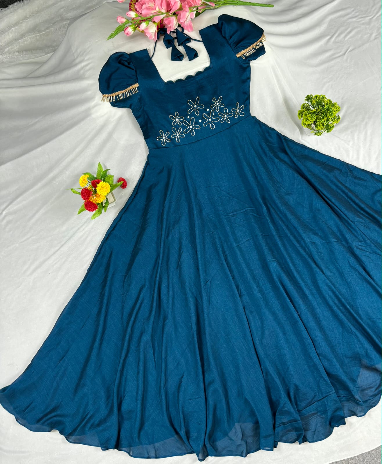 Upto 3XL- Vichitra Blooming Floor length Gown handwork in wrist and scallop neck double sleeves with hanging lace