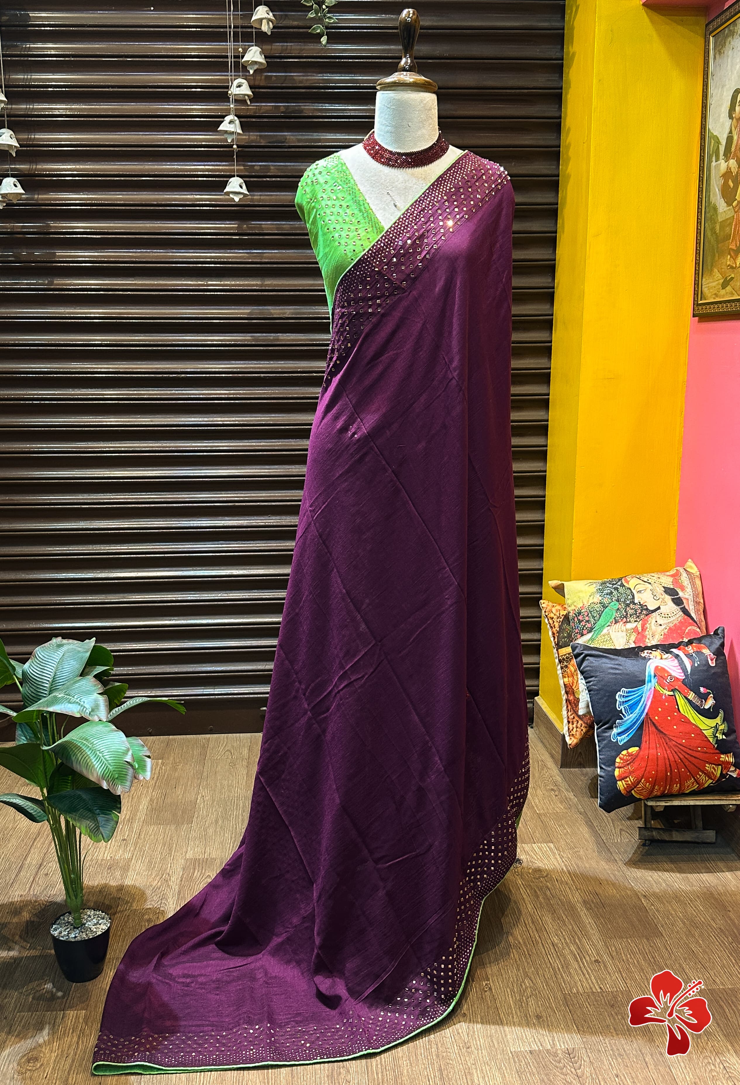 Beautiful Wine Vichitra Silk Saree with Stone Work