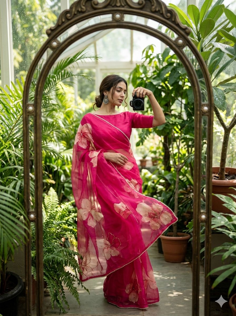 Georgette Silk with Designer Handwork Saree and Moti Lace Border