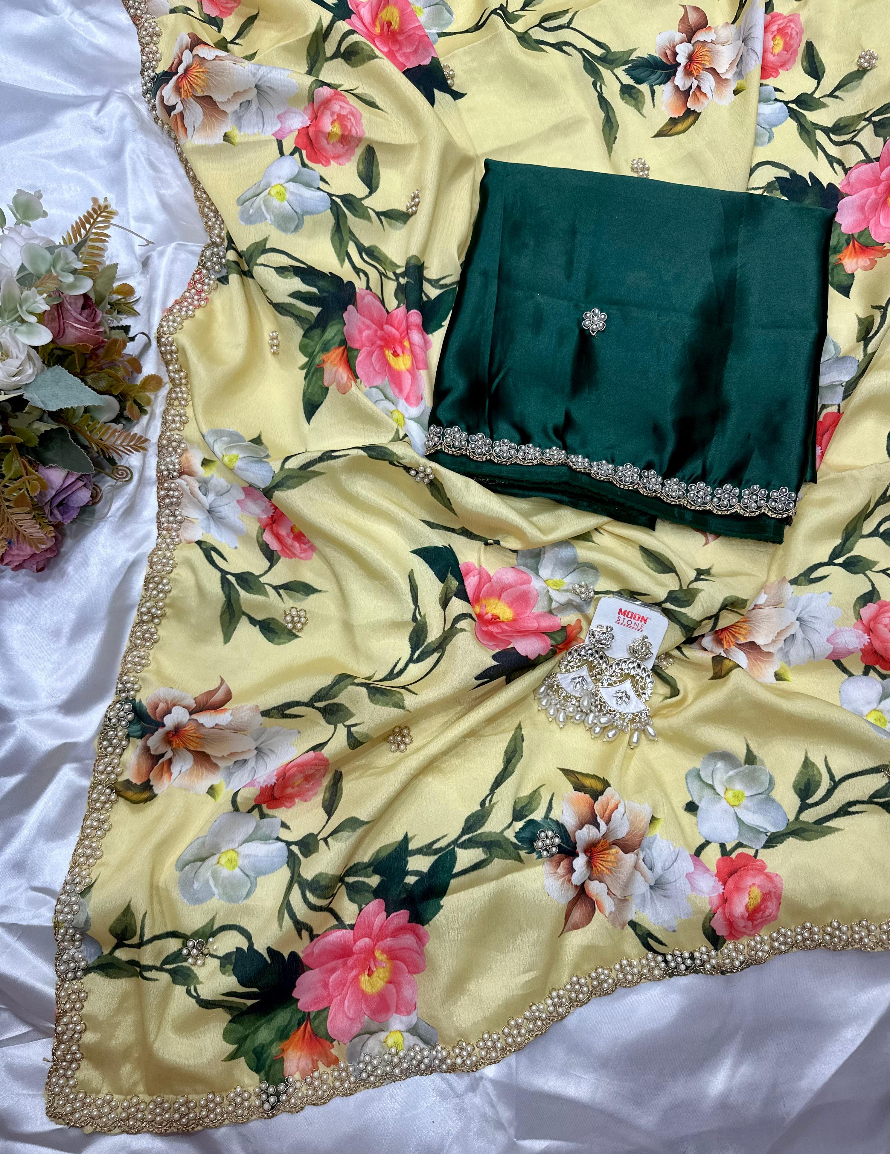 Chinnon Saree with Floral Designs & Moti Work