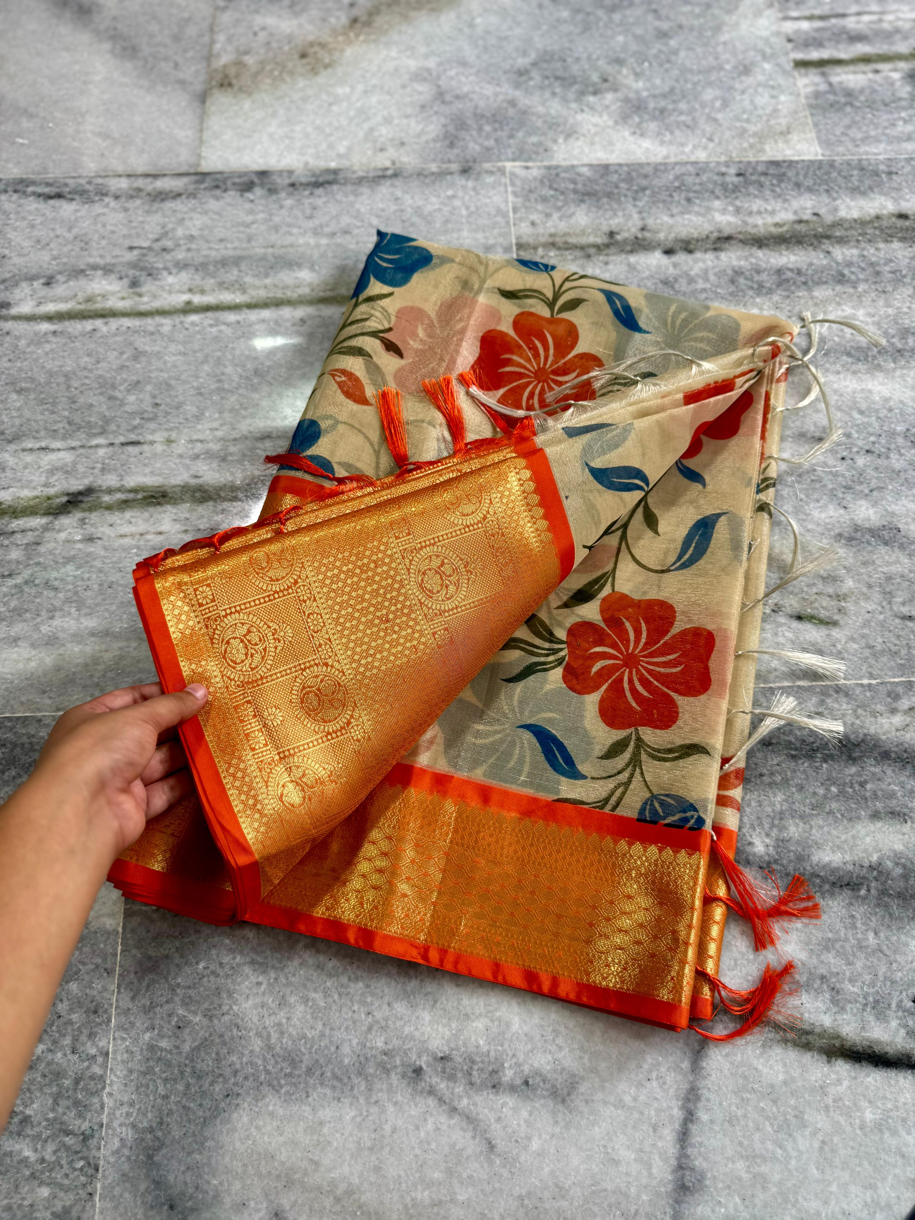 Premium Soft Banarasi Floral Hand Painted Style Saree