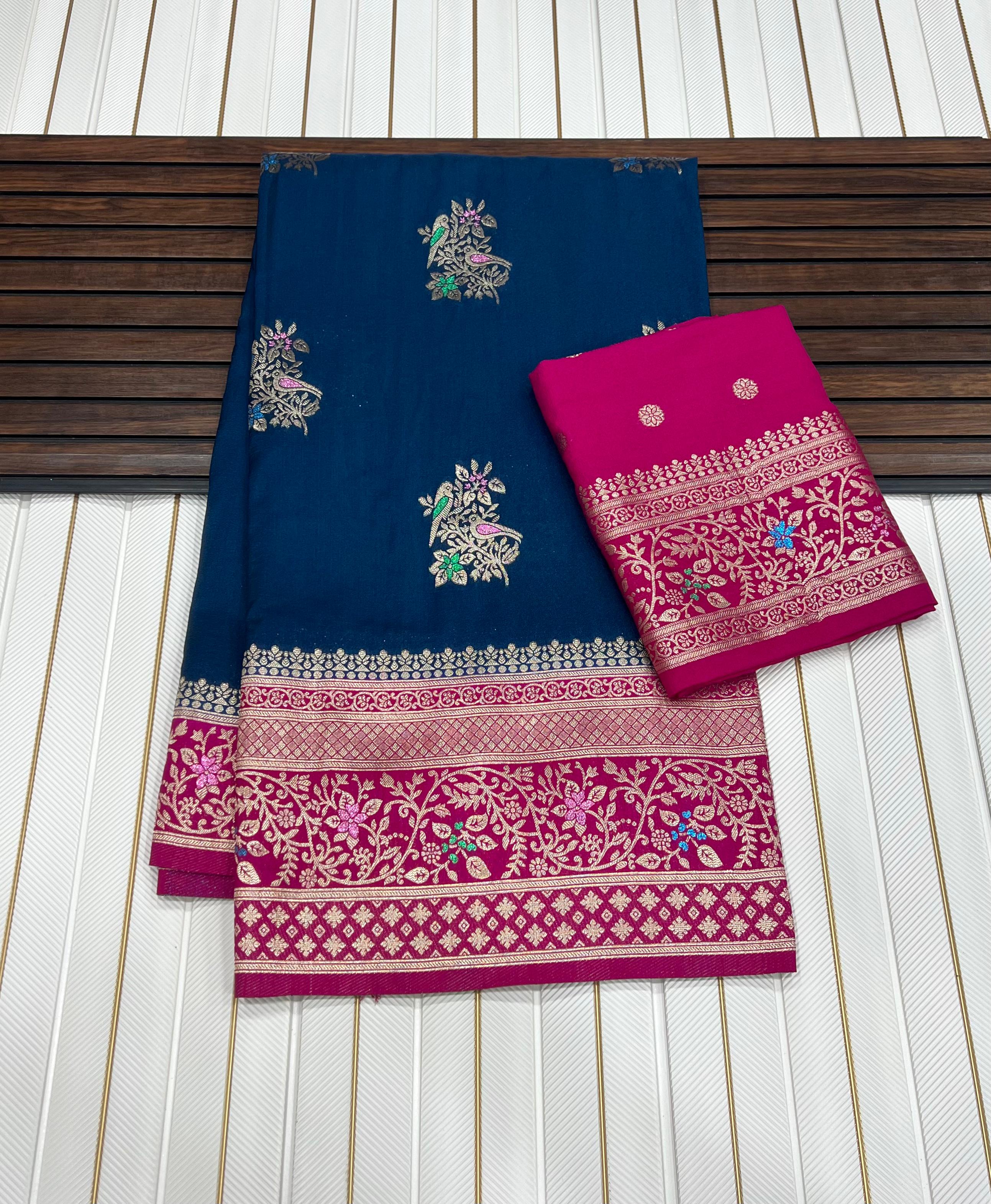 Pure Khadi Crep Georgette antique colour jari Meena Jaqurad Weveing Rich pallu saree with running blouse