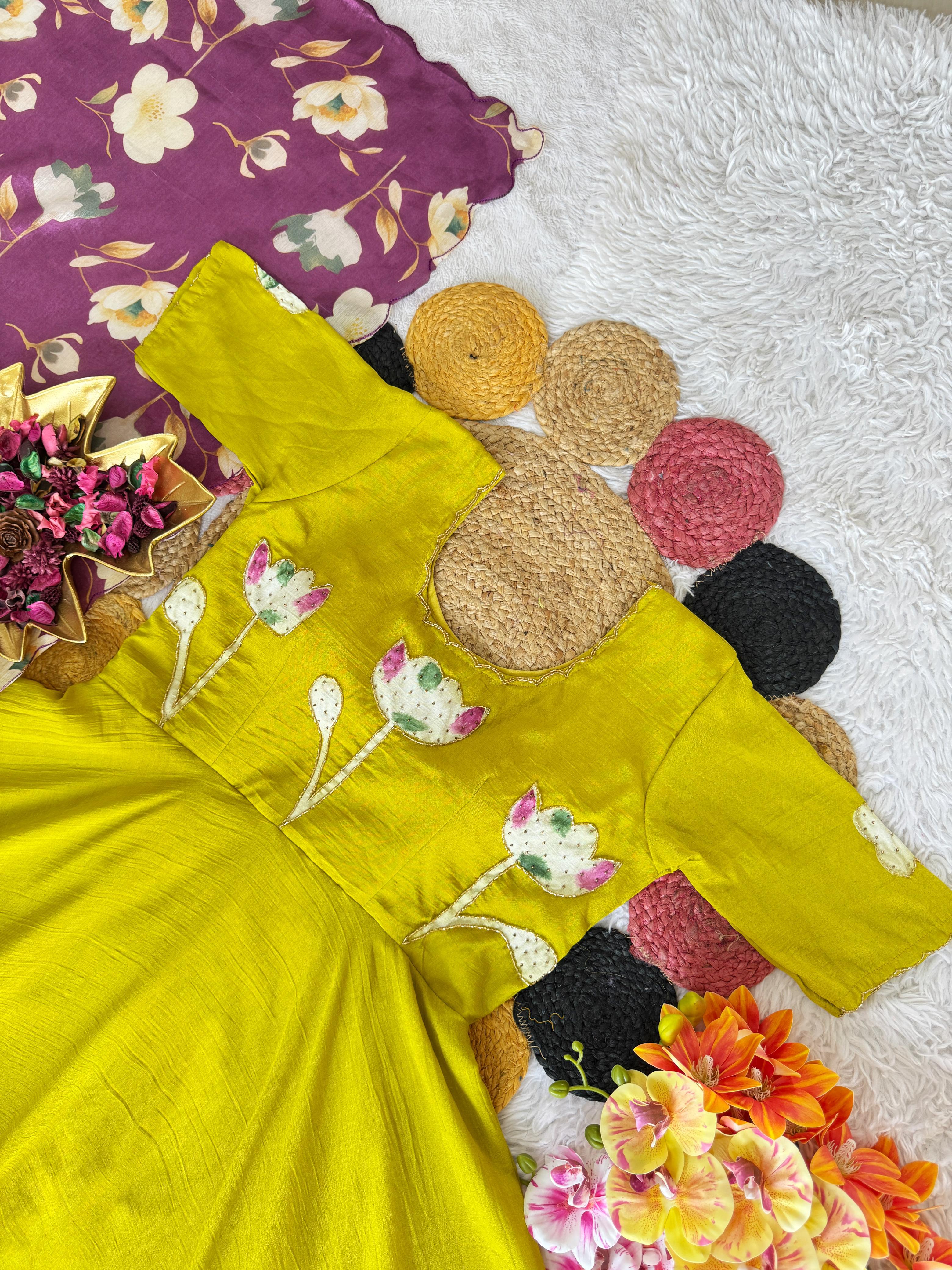 Premium Hand Painted Maggam Work Gown with Dupatta