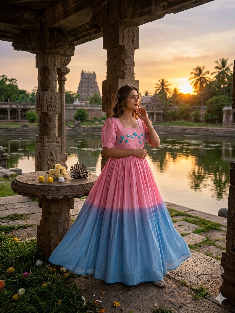 Designer Soft Mul Cotton with Pearls & Thread Handwork Gown Dress
