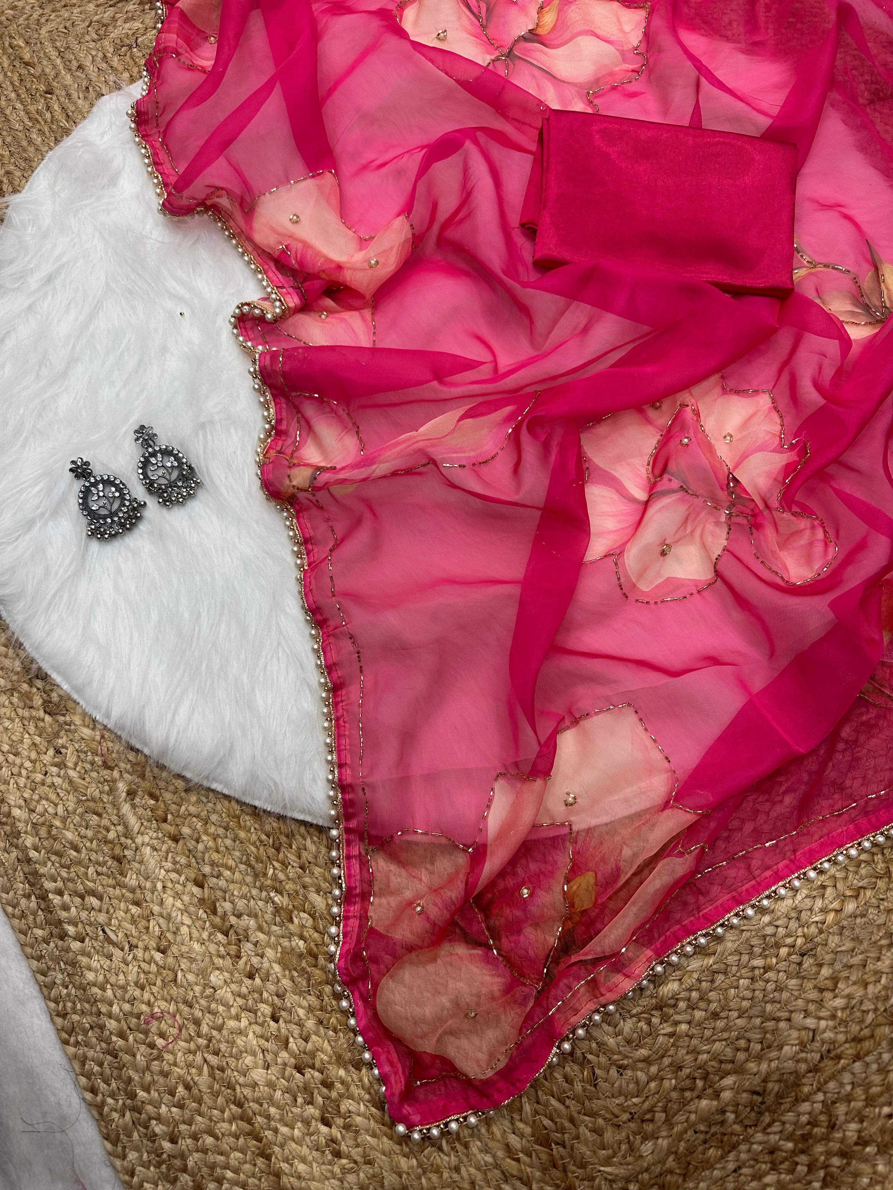 Georgette Silk with Designer Handwork Saree and Moti Lace Border