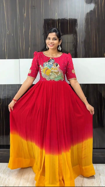 Beautiful Festive Special Radha Krishna Maggam Work Gown