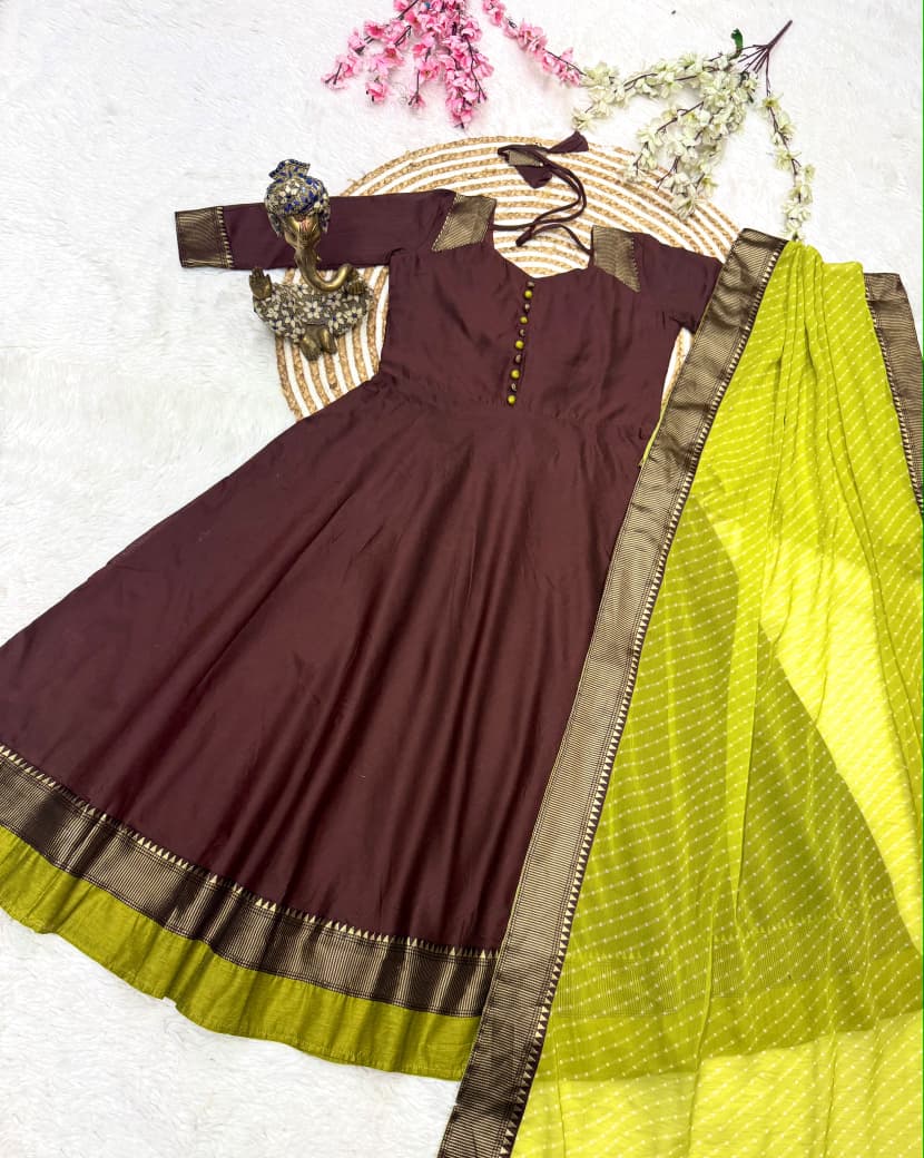 Span Cotton Gown with Jacquard Weaving Zari Border And Fox Georgette Duppatta
