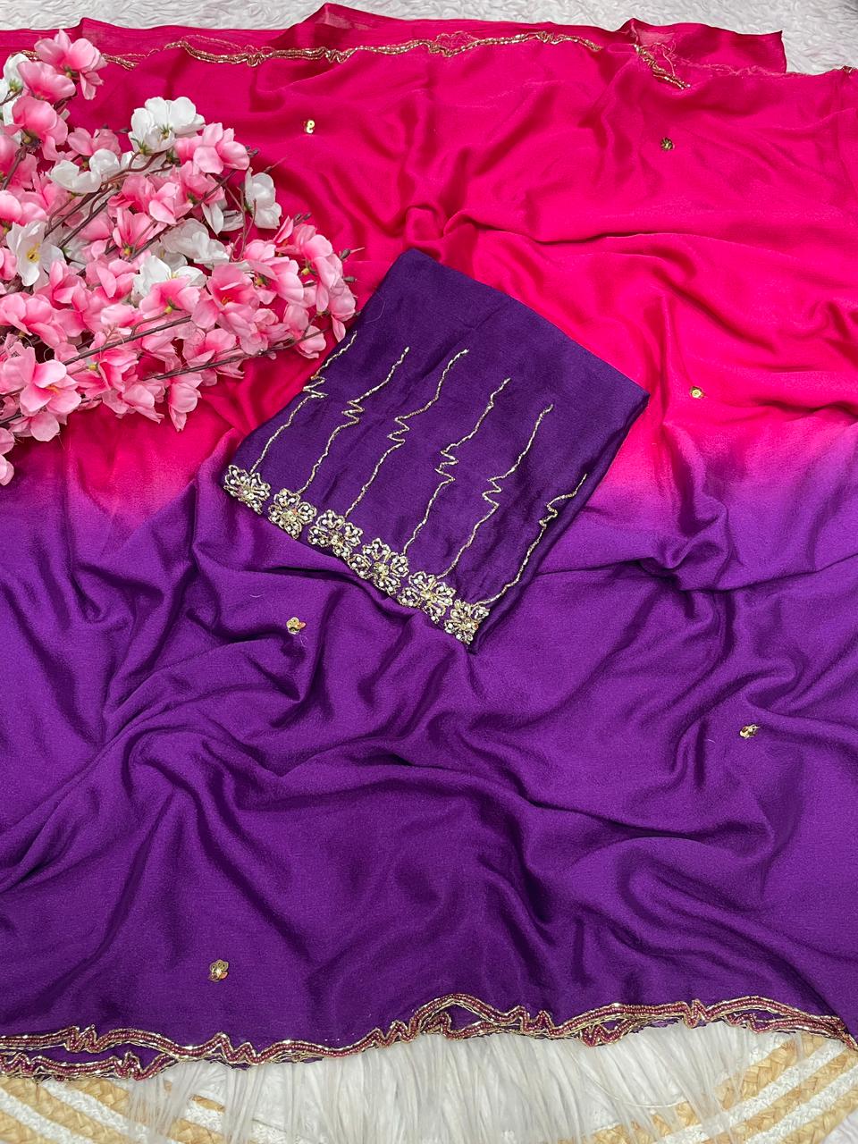 Designer Pure Dyeable Shaded Chinnon Saree with Cutdana Work