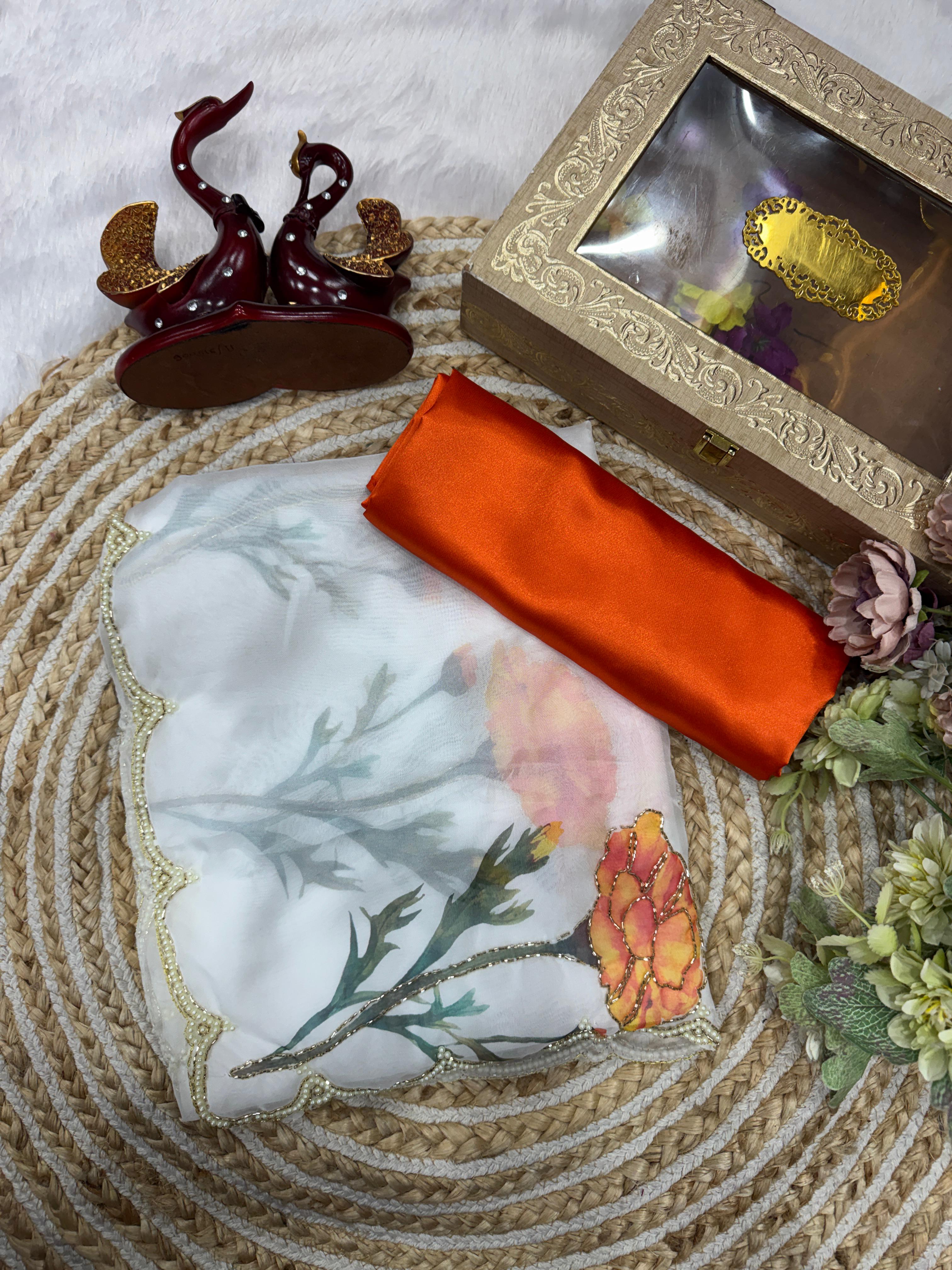 Premium Soft Tebby Silk Saree with Beautiful floral design with beads and katdana handwork