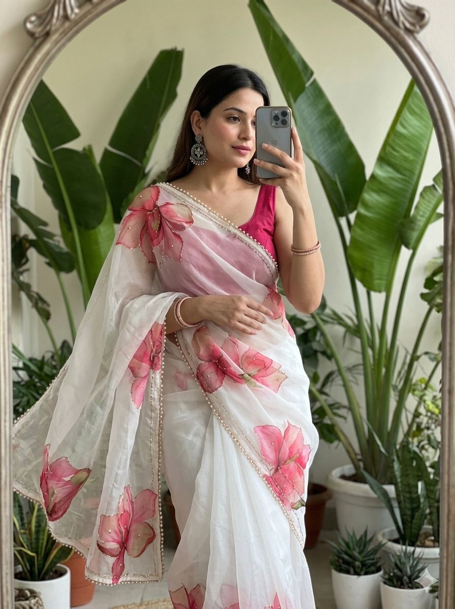 Georgette Silk with Designer Handwork Saree and Moti Lace Border