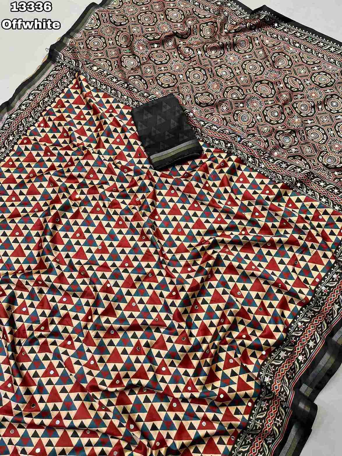 Soft & Smooth Silk Crape Ajrakh Design Digital Print With Original Mirror Work & Zari Weaving Borde