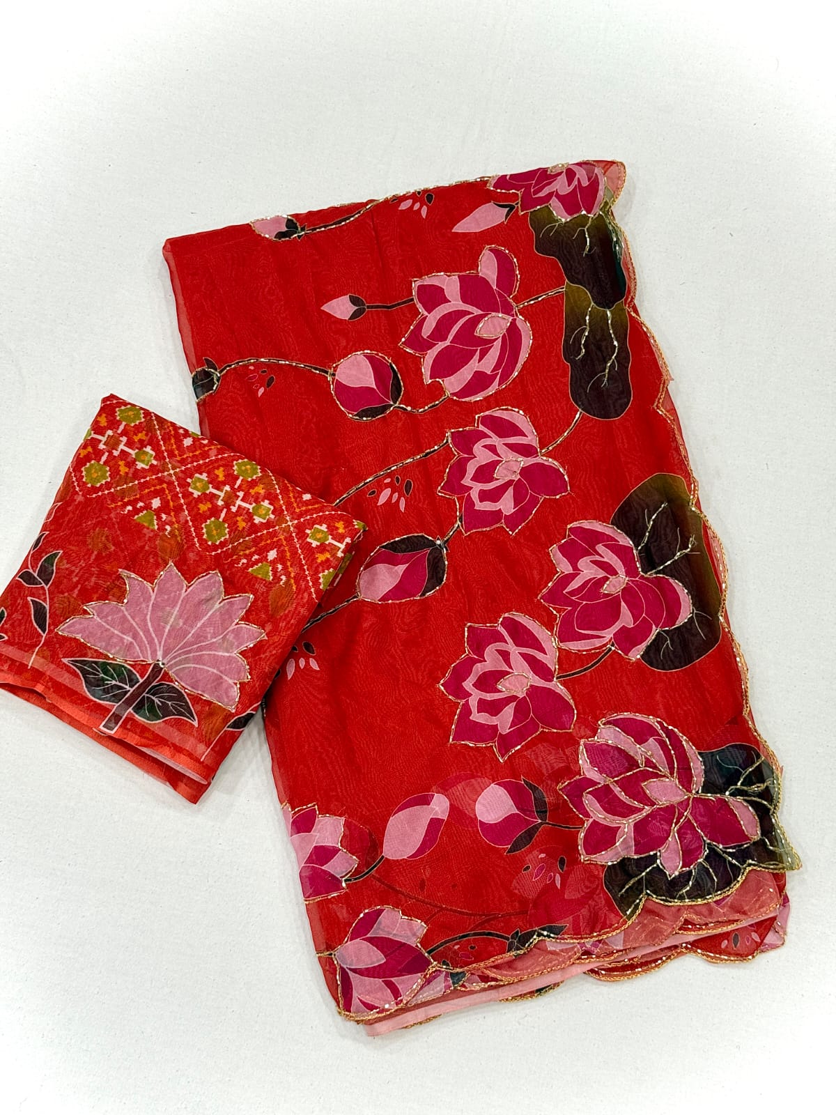 Soft Tebby Silk with Digital Floral Design with Beautiful Katdana Handwork