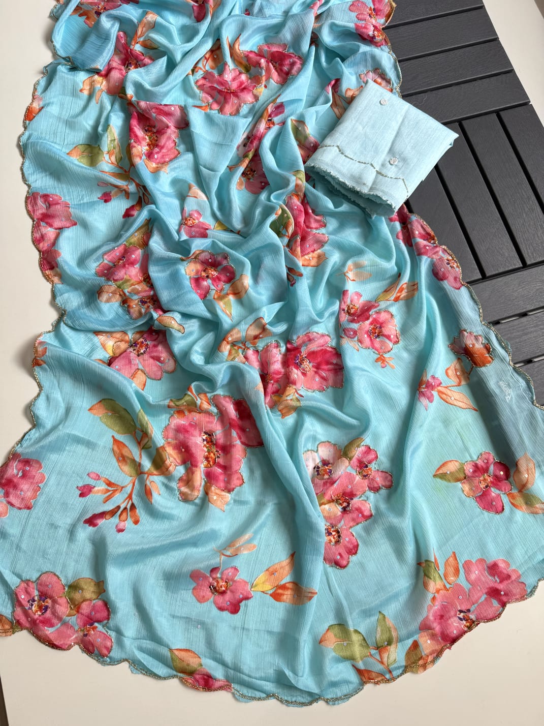 Soft Chinnon Silk with Beautiful Flower Print With Handwork Light Weight Sarees