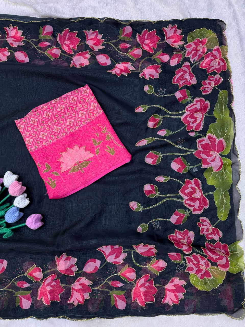 Soft Tebby Silk with Digital Floral Design with Beautiful Katdana Handwork