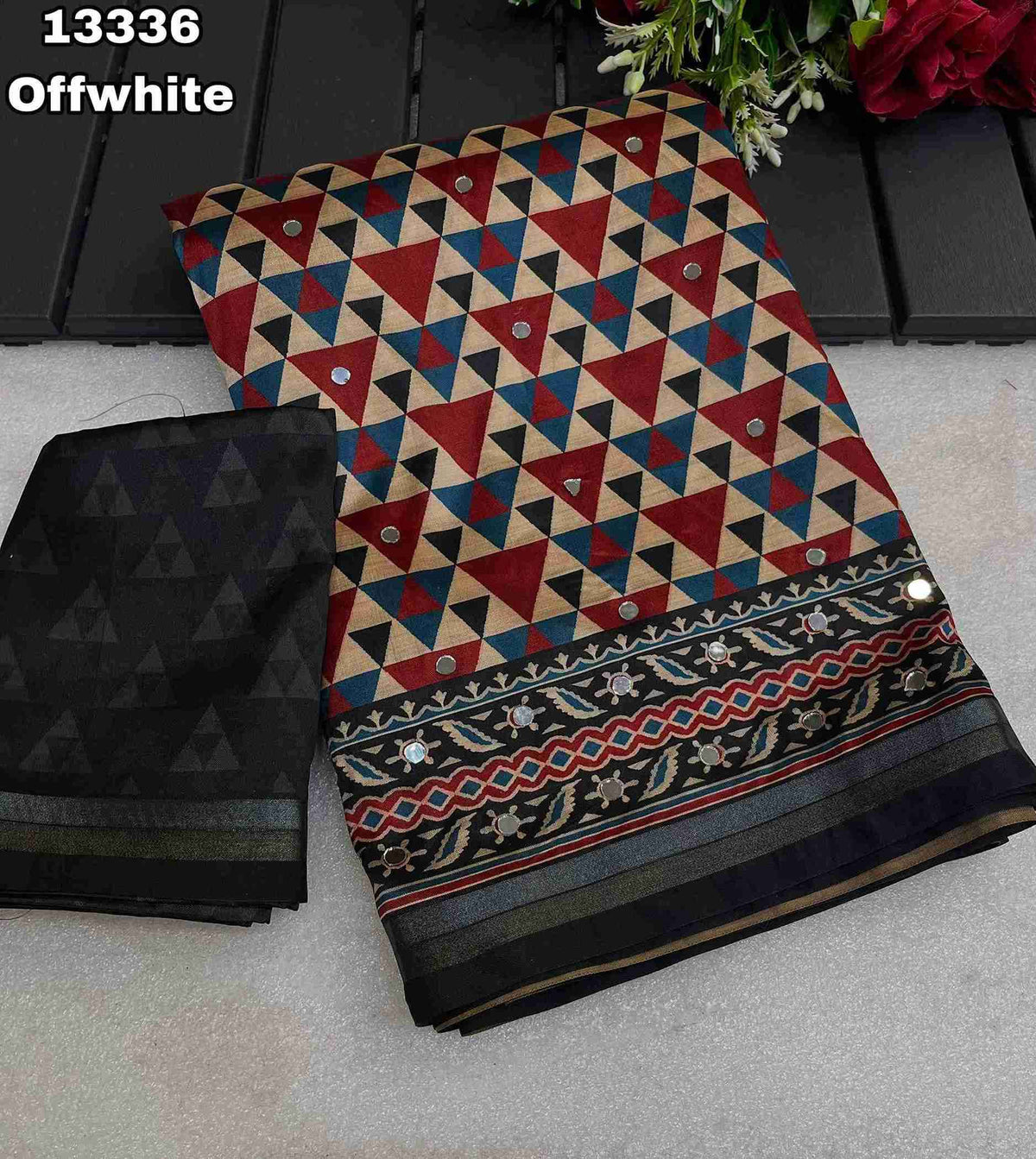 Soft & Smooth Silk Crape Ajrakh Design Digital Print With Original Mirror Work & Zari Weaving Borde