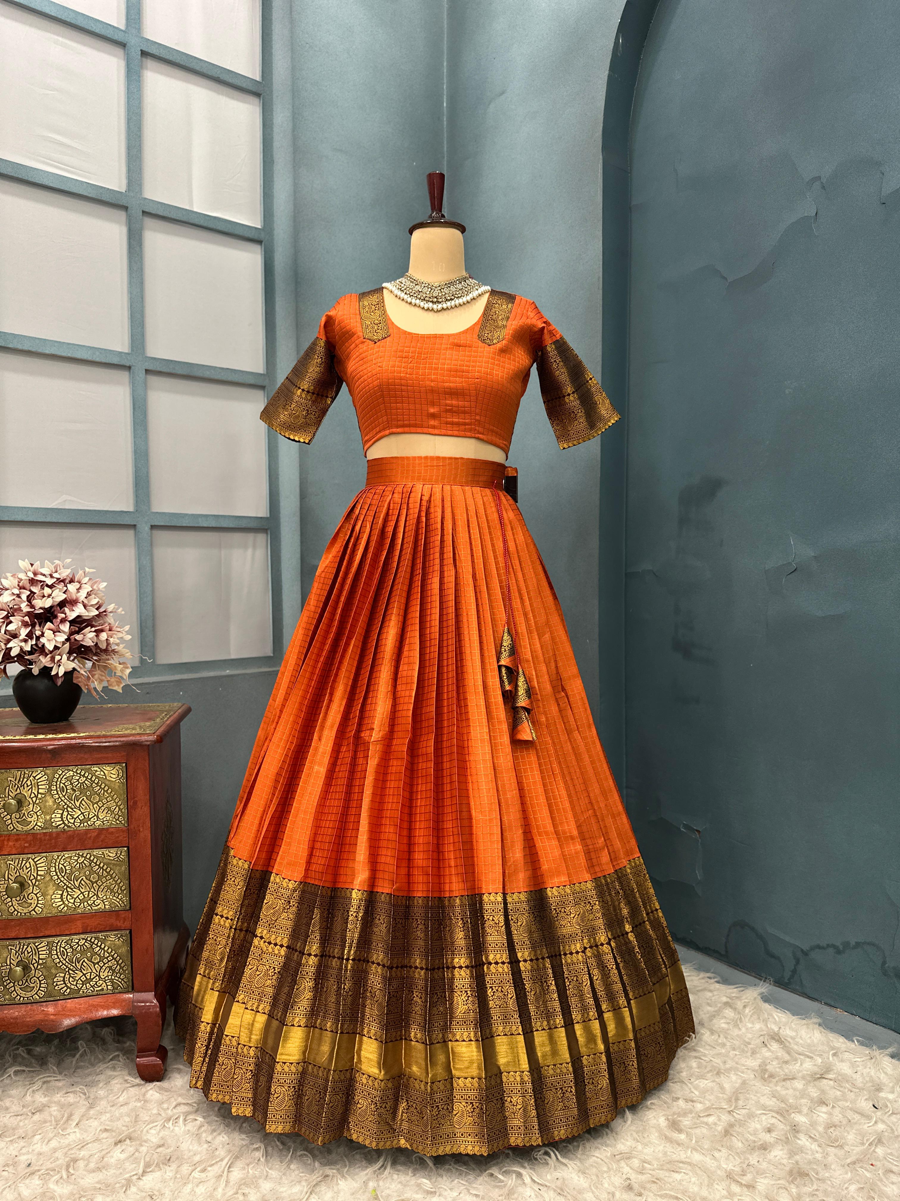 Full Stitched Gadhwal Lehanga with Kanchi Pattu Checks with jacquard border with fine finishing