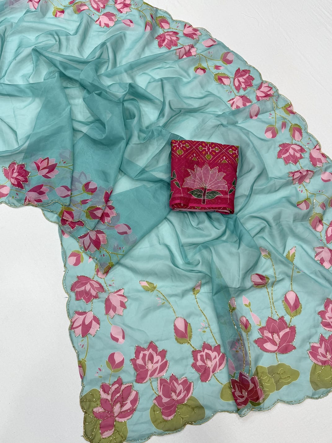 Soft Tebby Silk with Digital Floral Design with Beautiful Katdana Handwork
