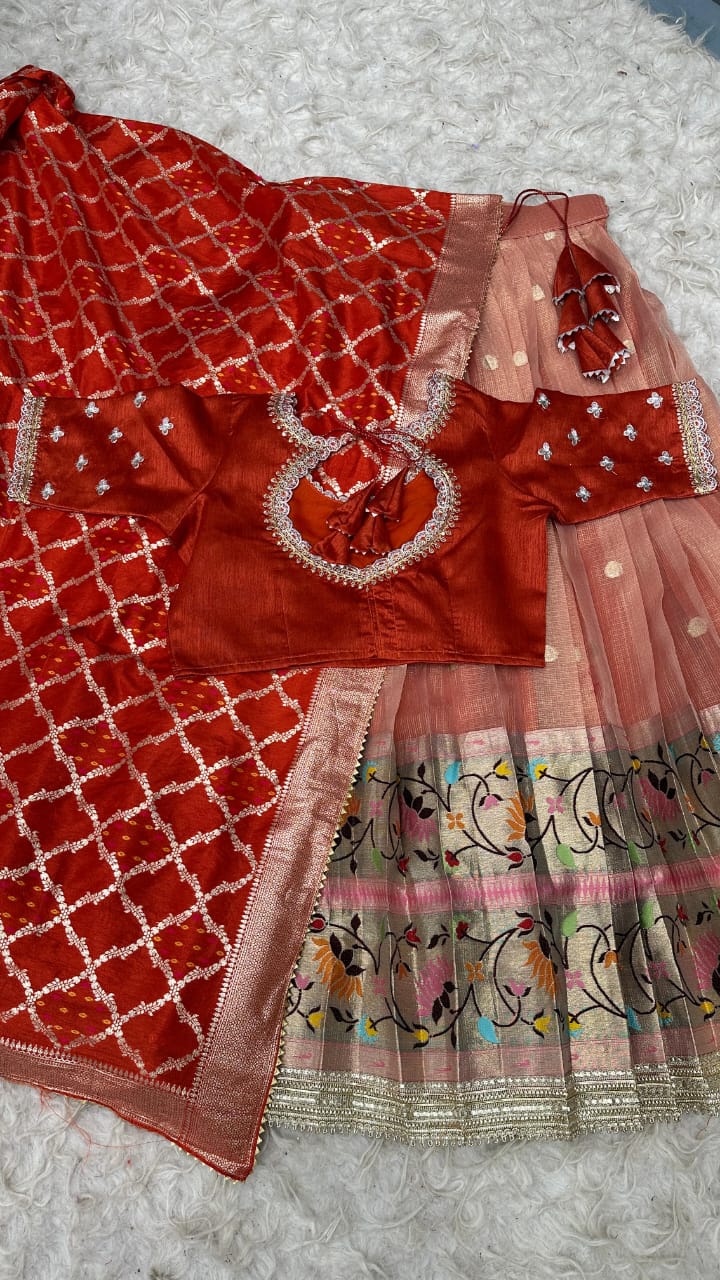 Full Stitched Luxurious Lehanga with Kota checks with Rich big Paithani jacquard border with Premium quality lace border attached with Canvas
