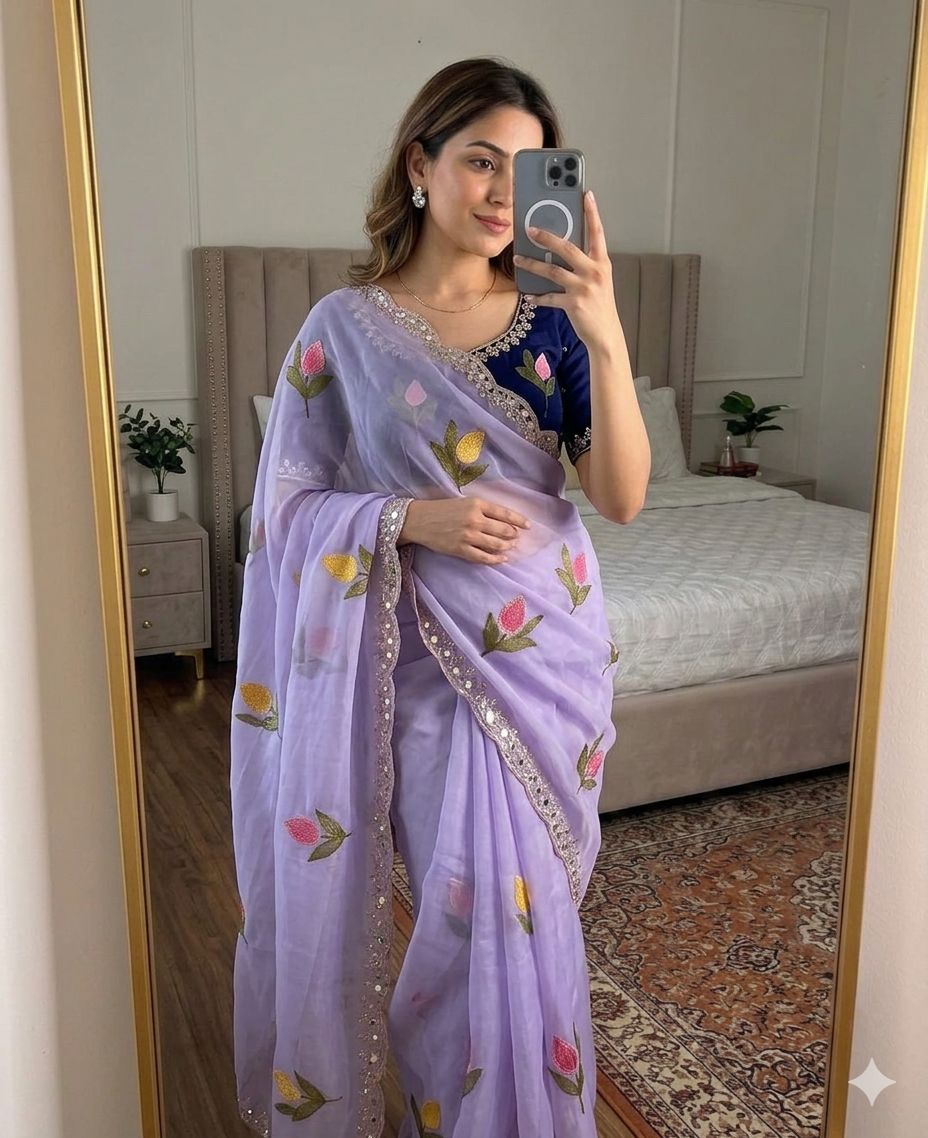 Star Georgette Silk Saree with allover Embroidery Work
