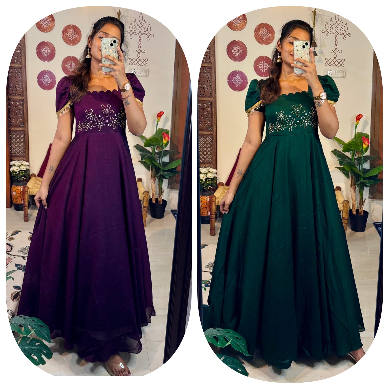 Upto 3XL- Vichitra Blooming Floor length Gown handwork in wrist and scallop neck double sleeves with hanging lace
