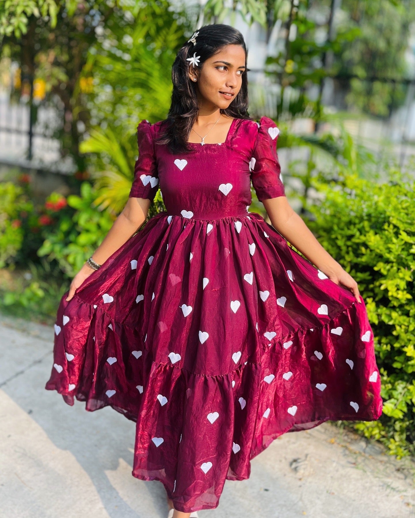 Exclusive Heart Embroidery Trishade Shining Fendy Silk Gown
