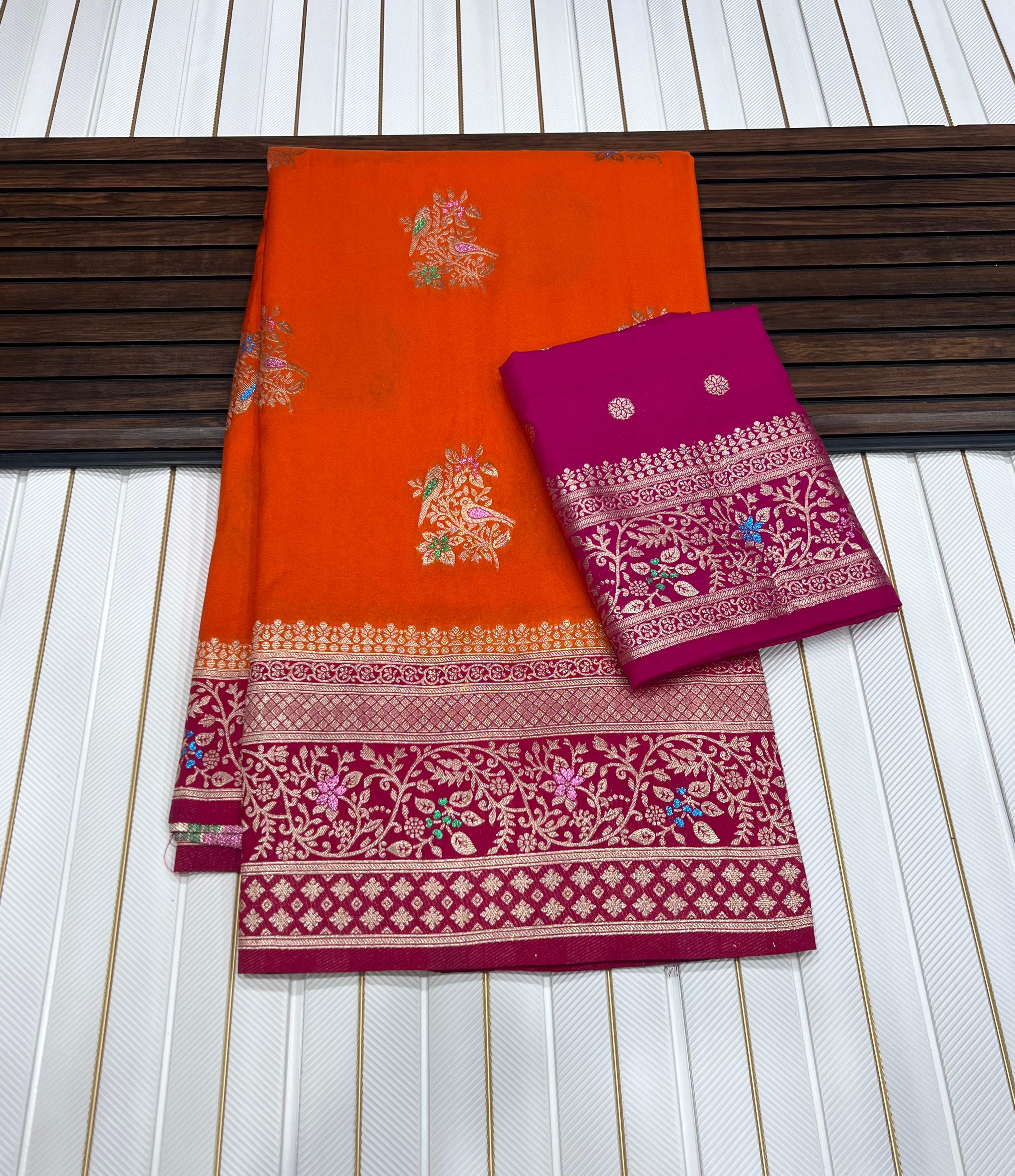 Pure Khadi Crep Georgette antique colour jari Meena Jaqurad Weveing Rich pallu saree with running blouse