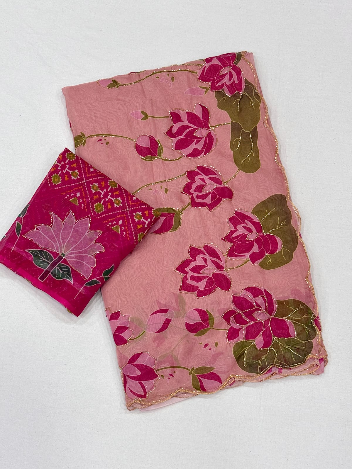 Soft Tebby Silk with Digital Floral Design with Beautiful Katdana Handwork
